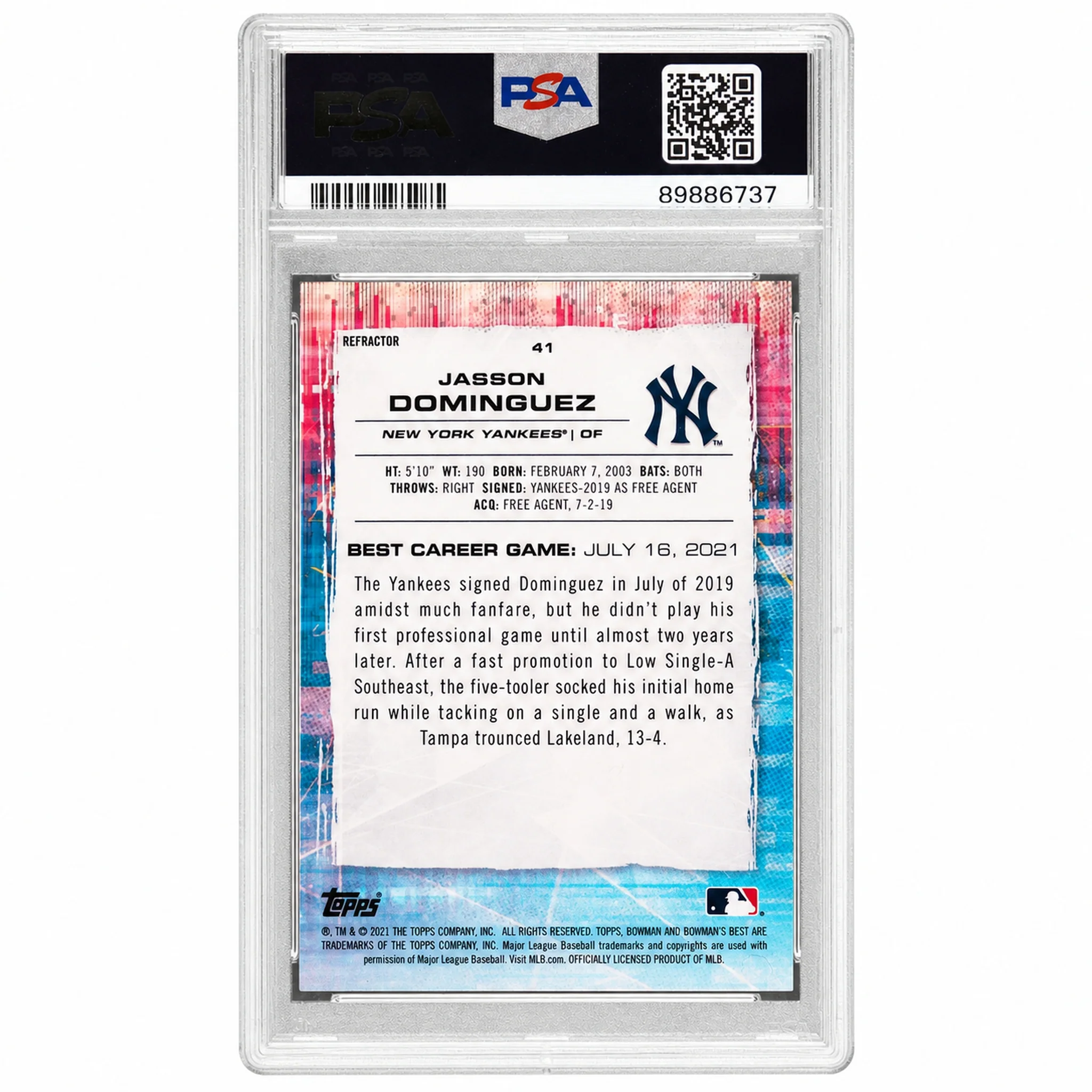 2021 Bowman's Best Refractor Jasson Dominguez #41 PSA 10 - Image 2