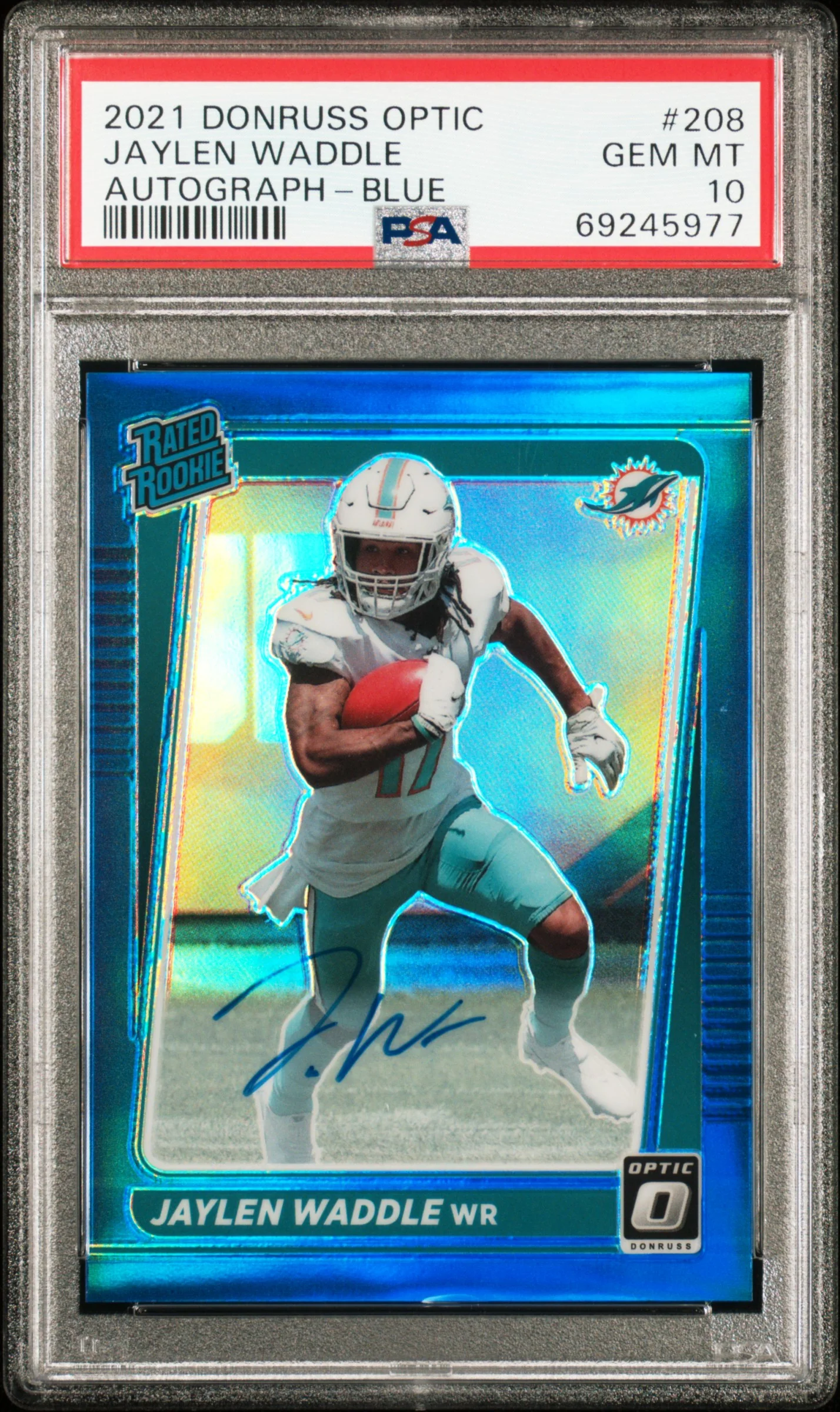 2021 Donruss Optic Rated Rookies Rps Autographs Blue Jaylen Waddle #208 /99 PSA 10