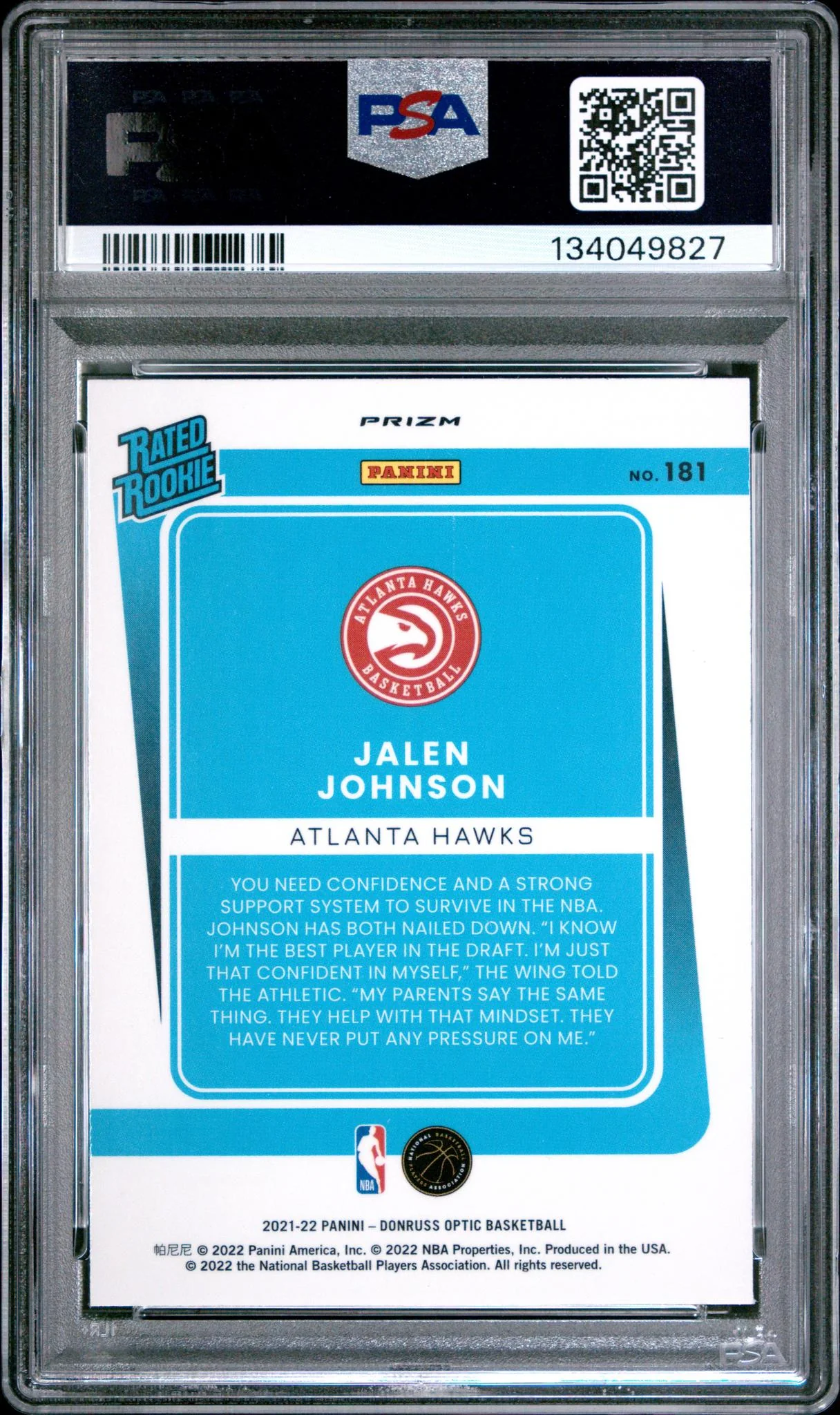2021 Donruss Optic Red Pulsar Jalen Johnson #181 PSA 9 - Image 2