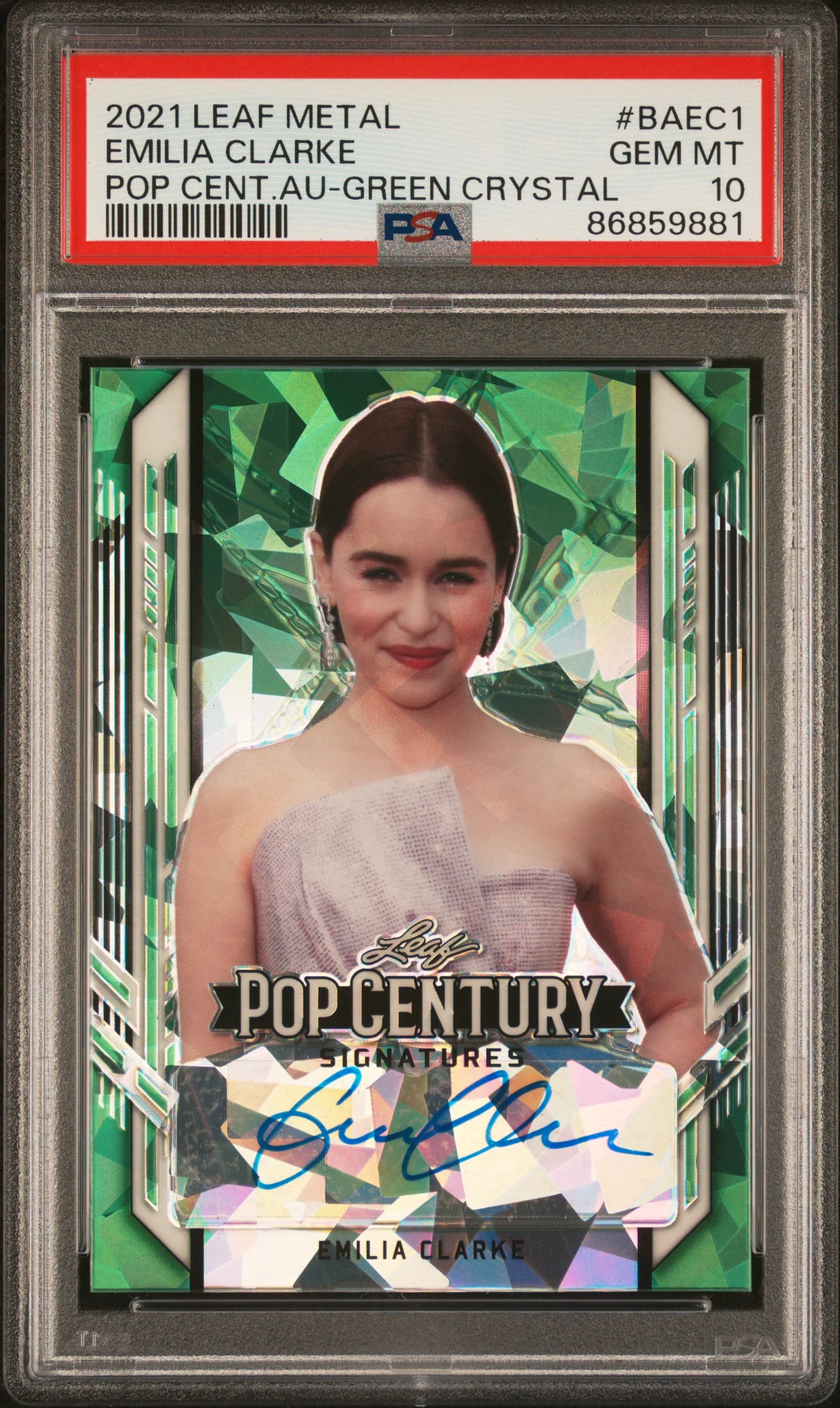 2021 Leaf Metal Pop Century Green Crystal Emilia Clarke #BAEC1 Auto 2/2 PSA 10