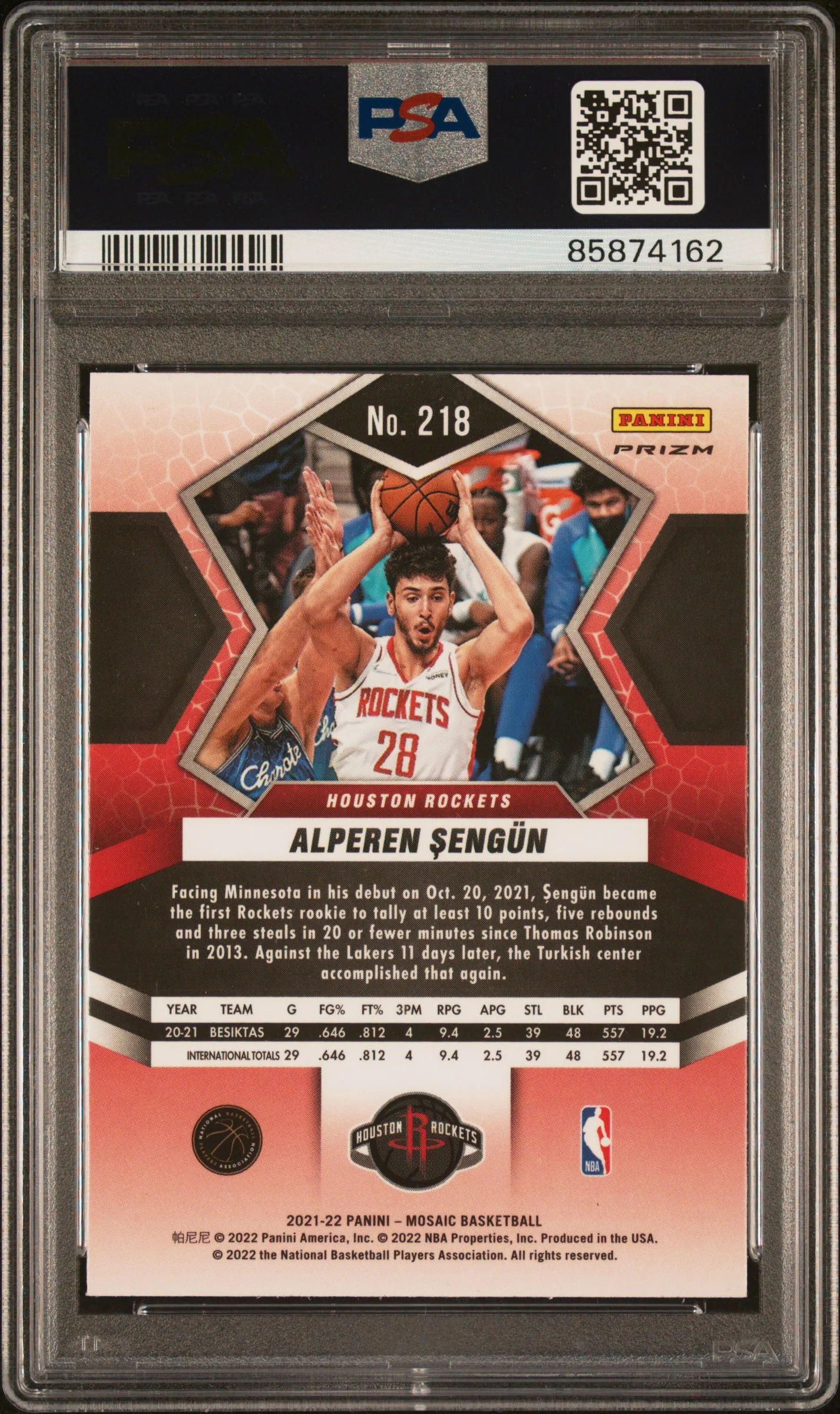 2021 Panini Mosaic Mosaic Prizm Alperen Sengun #218 PSA 10 - Image 2