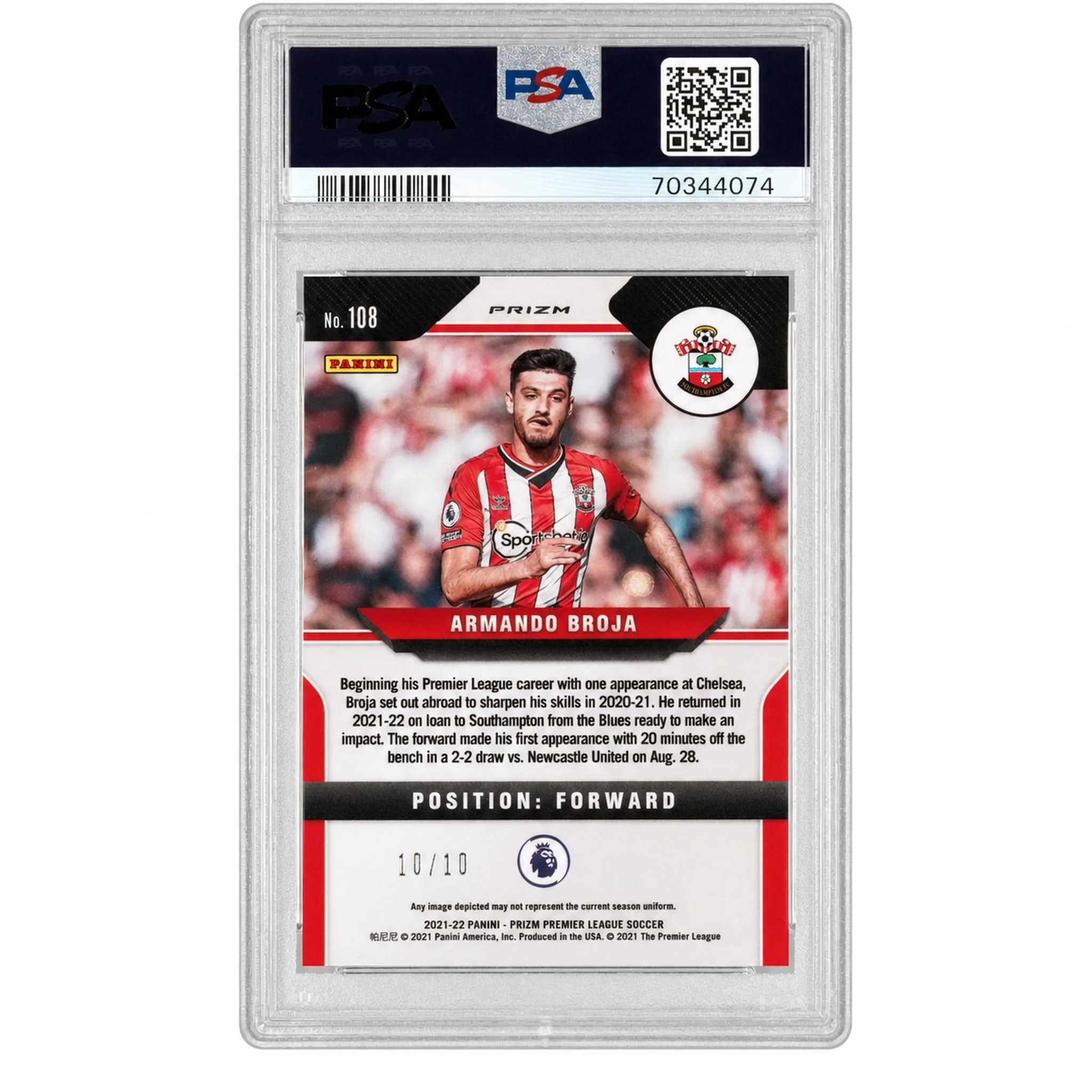 2021 Panini Prizm Premier League Gold Mojo Prizm Armando Broja #108 10/10 PSA 10 - Image 2