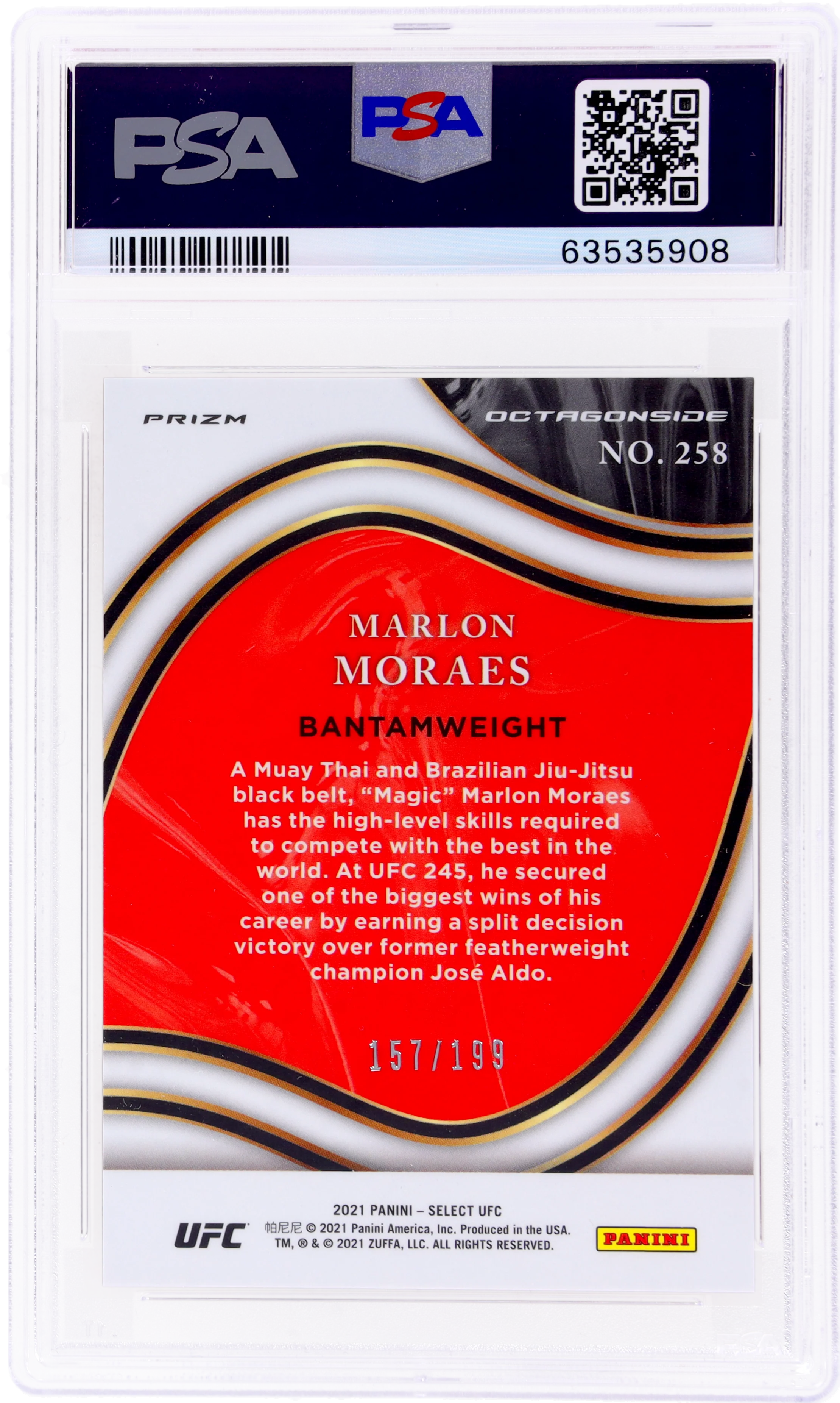 2021 Panini Select UFC Red Disco Prizm Marlon Moraes #258 /199 /157 PSA 10 - Image 2