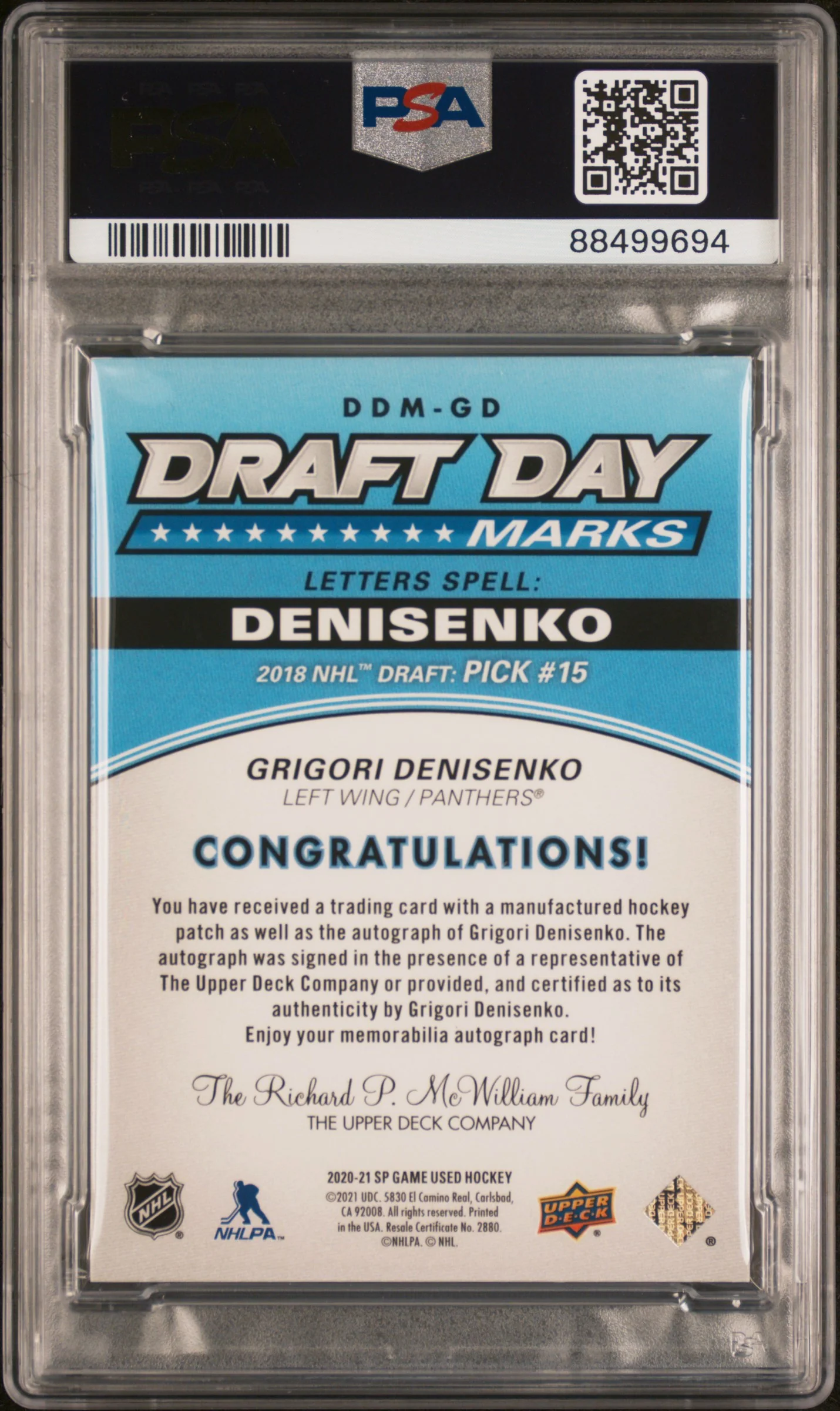 2021 SP Game Used Draft Day Marks "E" Grigori Denisenko #DDMGD PSA 8 - Image 2