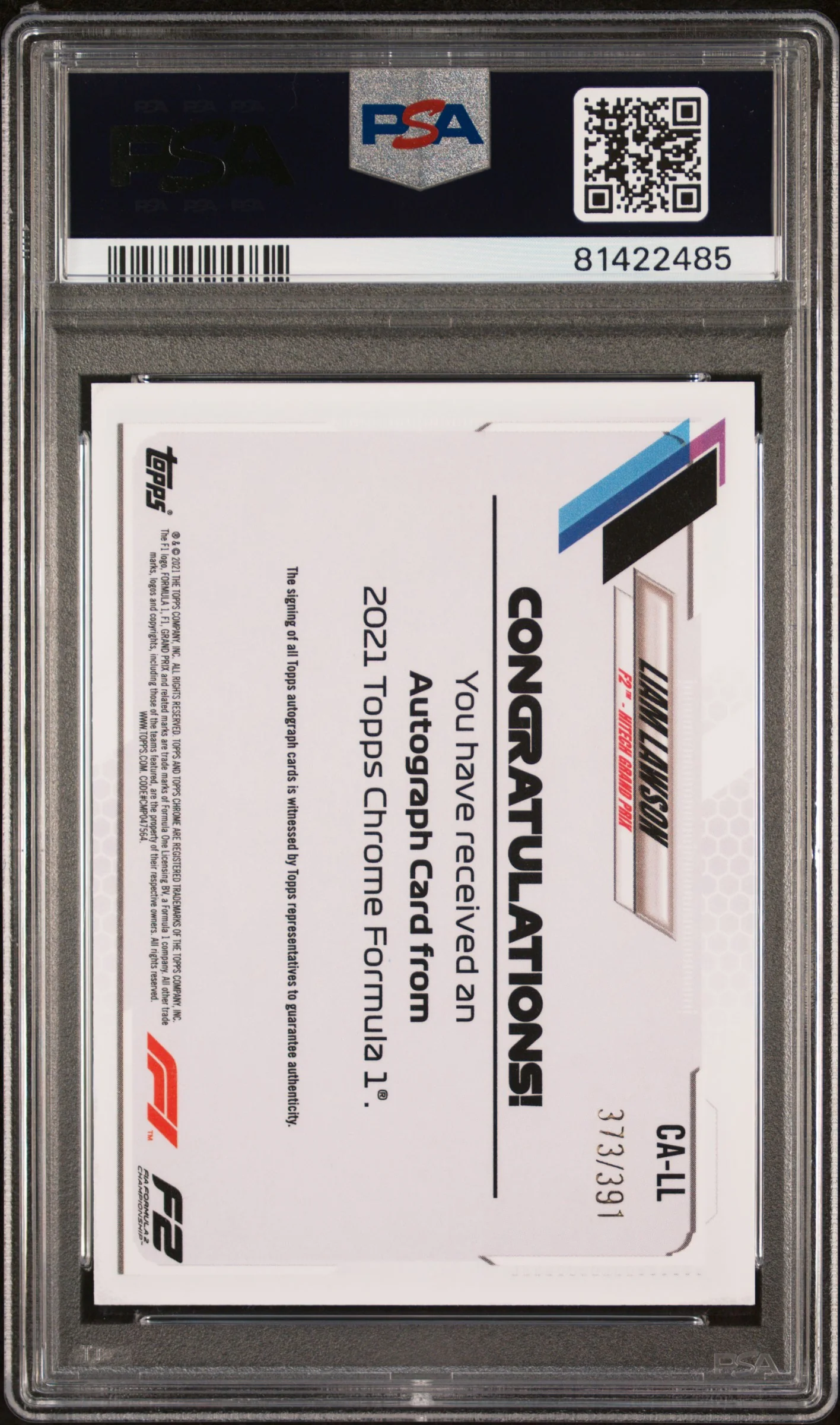 2021 Topps Chrome Formula 1 Autograph Liam Lawson #CALL /391 PSA 10 - Image 2