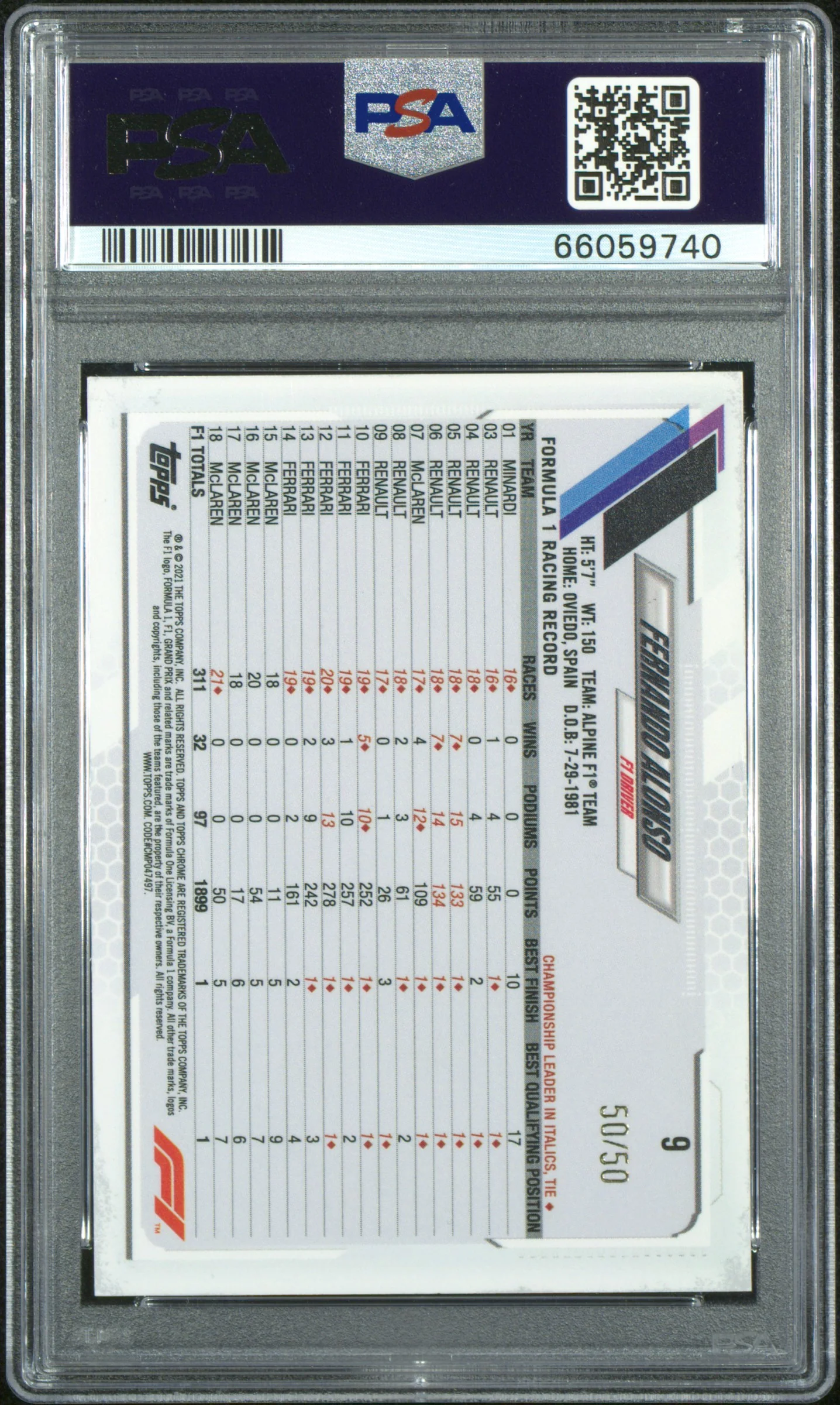 2021 Topps Chrome Formula 1 Gold Wave Refractor Fernando Alonso #9 /50 50/50 PSA 10 - Image 2