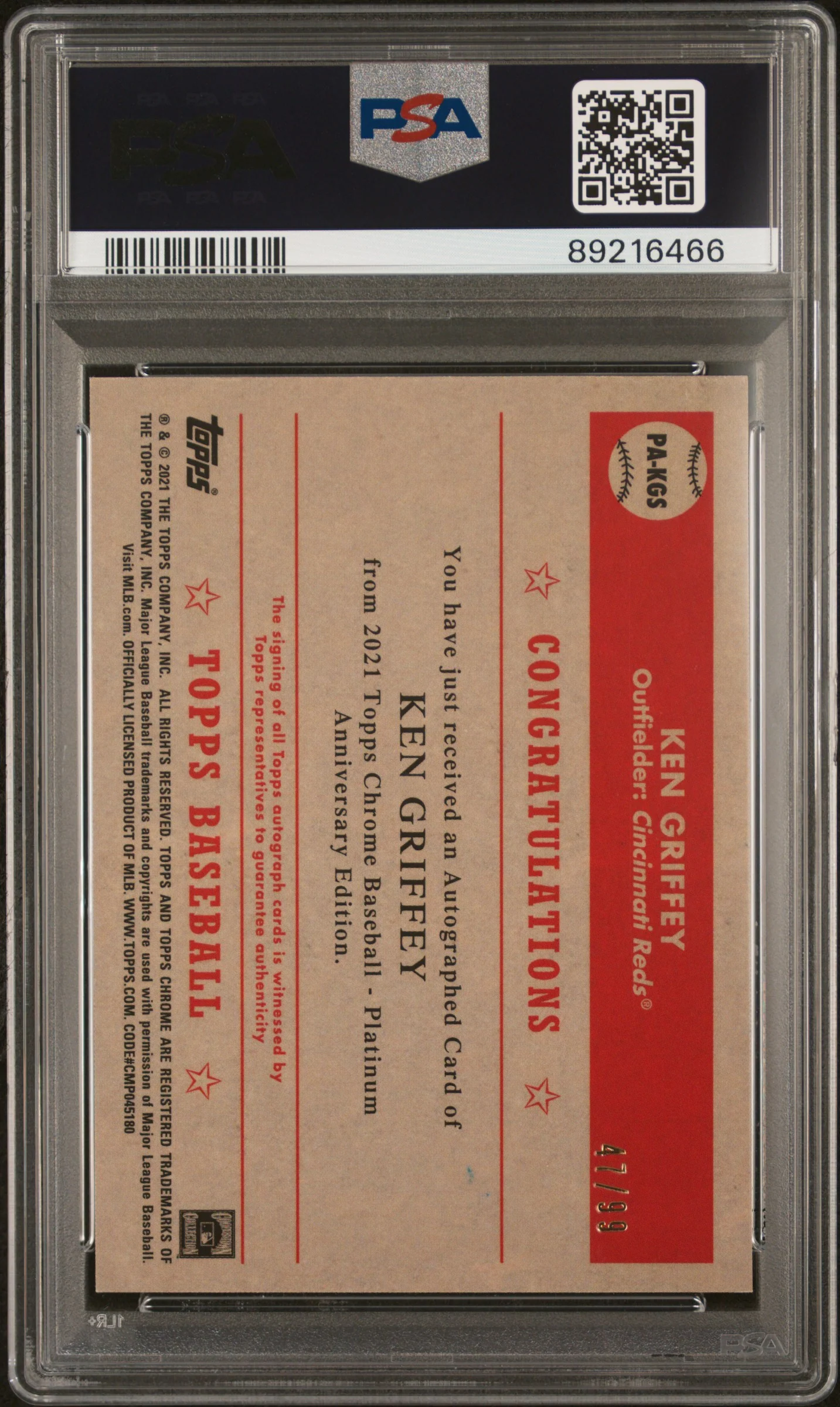 2021 Topps Chrome Platinum Anniversary Autographs Blue Prism Refractor Ken Griffey #KGS /99 PSA 9 - Image 2