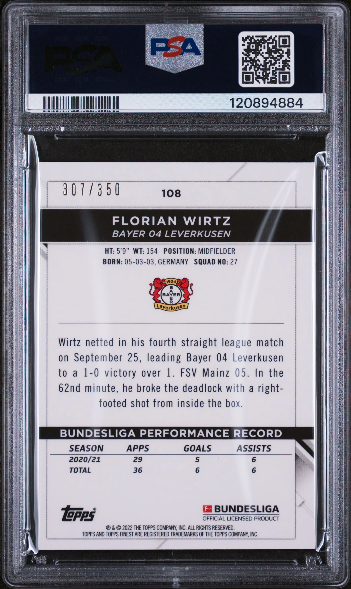 2021 Topps Finest Bundesliga Yellow Wave Refractor Florian Wirtz #108 /350 PSA 10 - Image 2