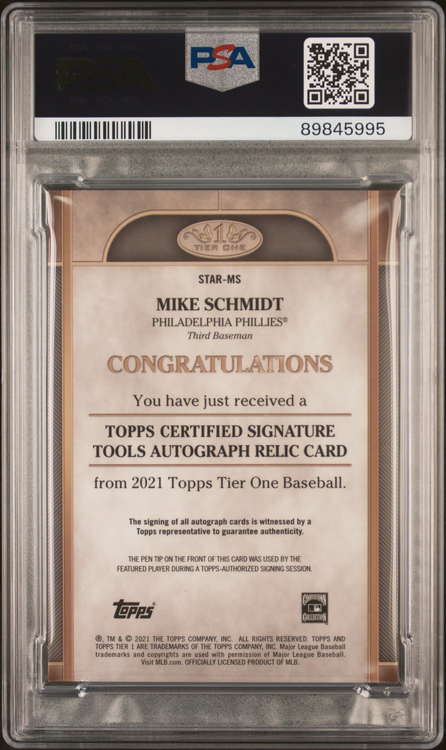 2021 Topps Tier One Signature Tools Autograph Relics 1/1 Signature Tools Au.Rl.1/1 Mike Schmidt #MS PSA 9 - Image 2