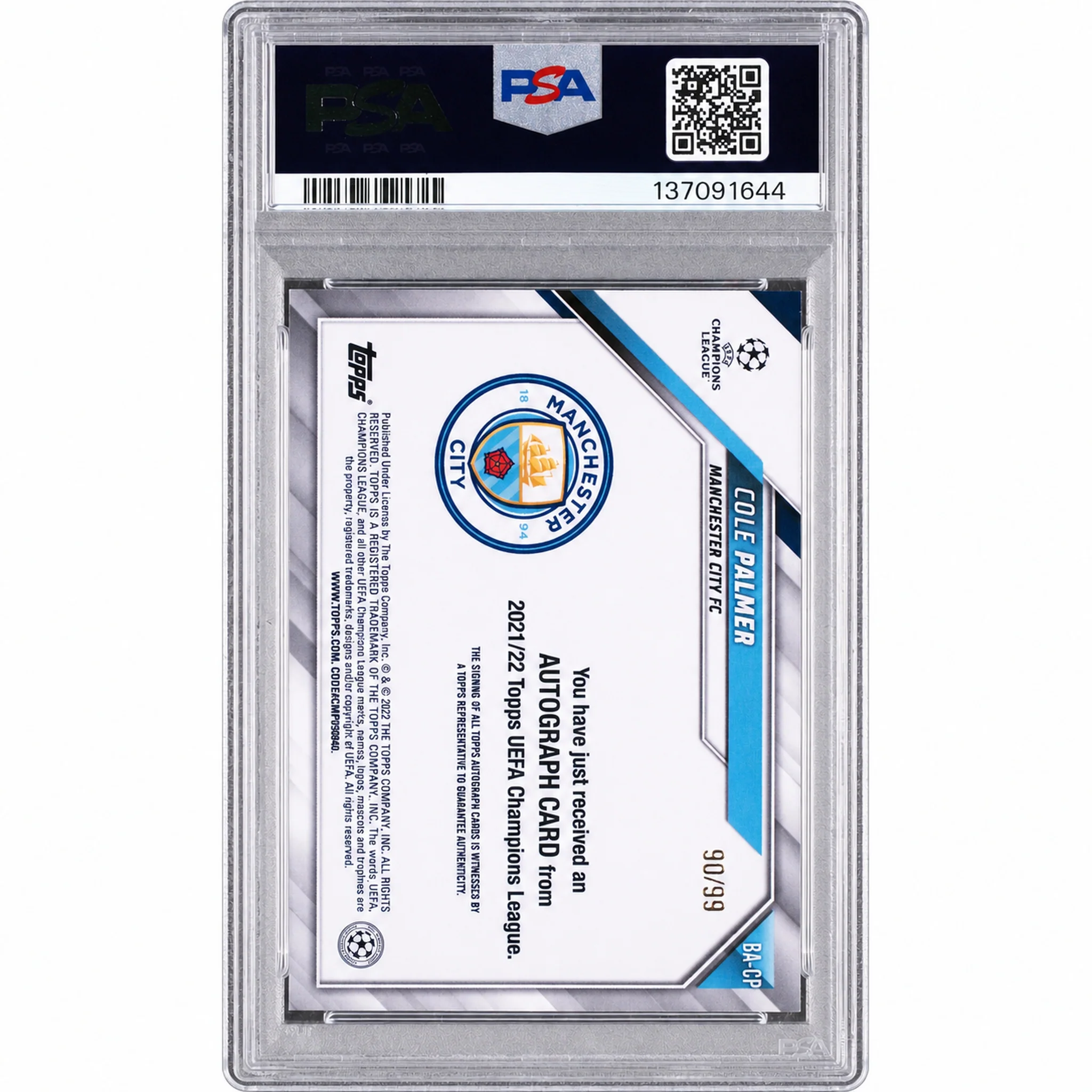 2021 Topps UEFA Champions League Autographs Blue Cole Palmer #BA-CP /99 PSA 9 - Image 2