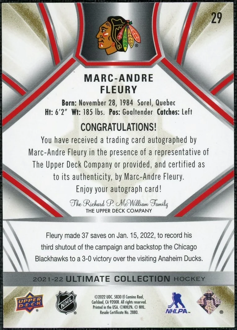 2021 Ultimate Collection 29 Marc-Andre Fleury Auto /35 - Image 2