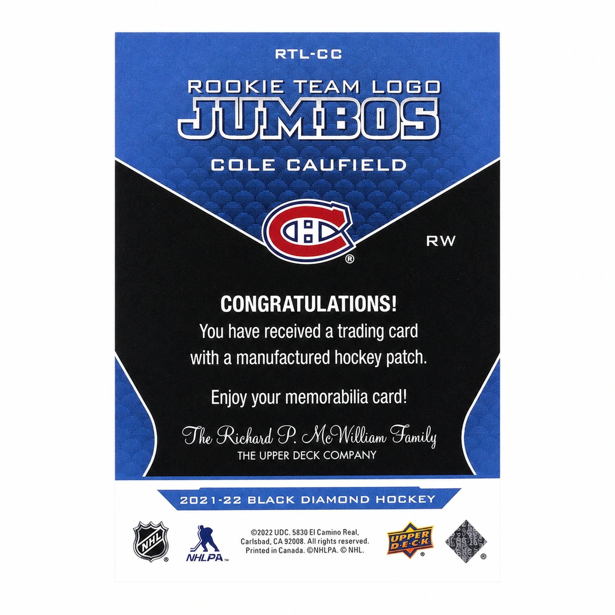 2021 Upper Deck Black Diamond Cole Caufield Rookie Team Logo Jumbo Patch RC - Image 2