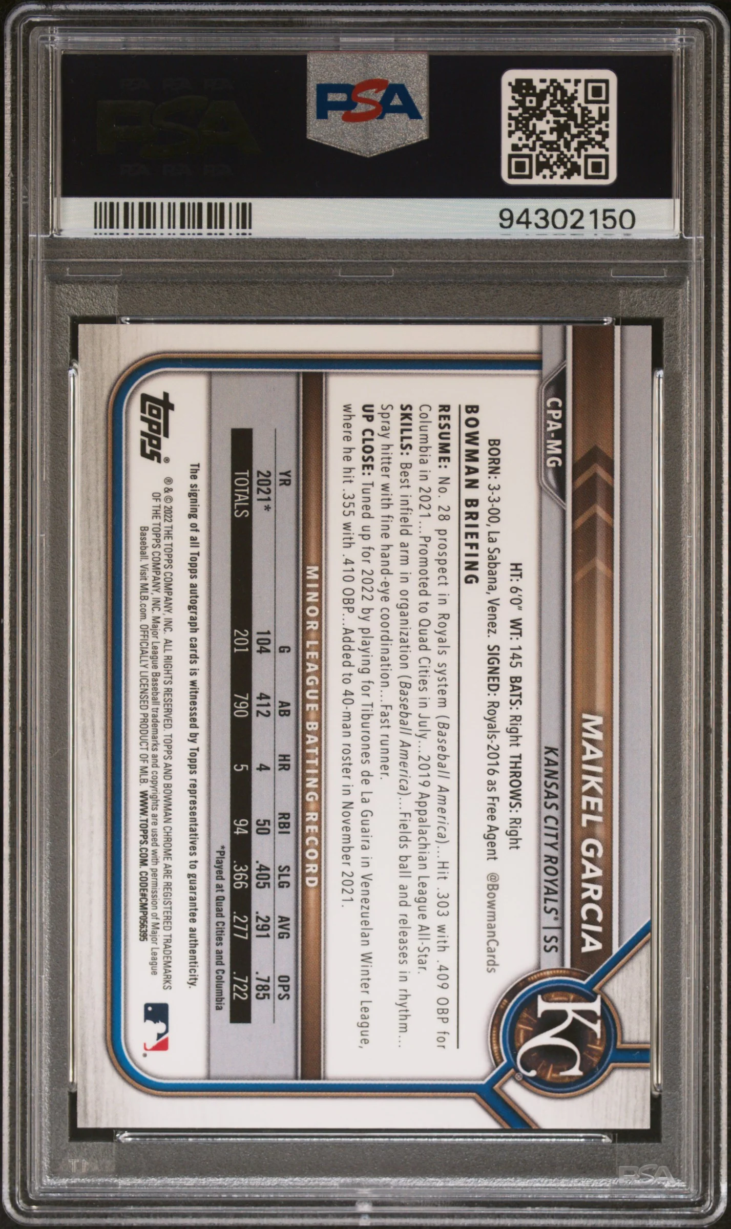 2022 Bowman Chrome Prospect Autograph Maikel Garcia #CPAMG PSA 8 - Image 2