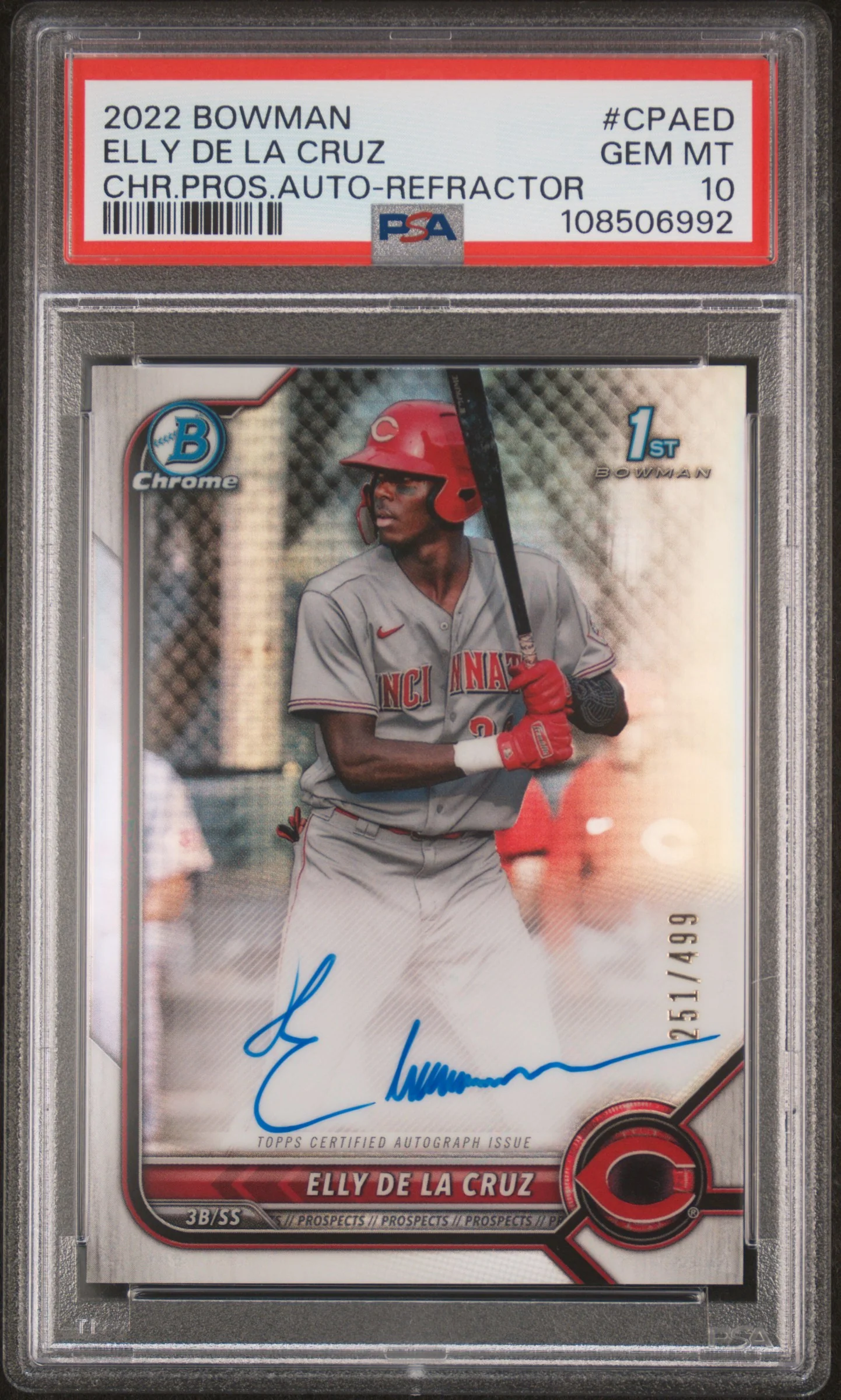 2022 Bowman Chrome Prospect Autograph Refractor Elly De La Cruz #CPAED /499 PSA 10