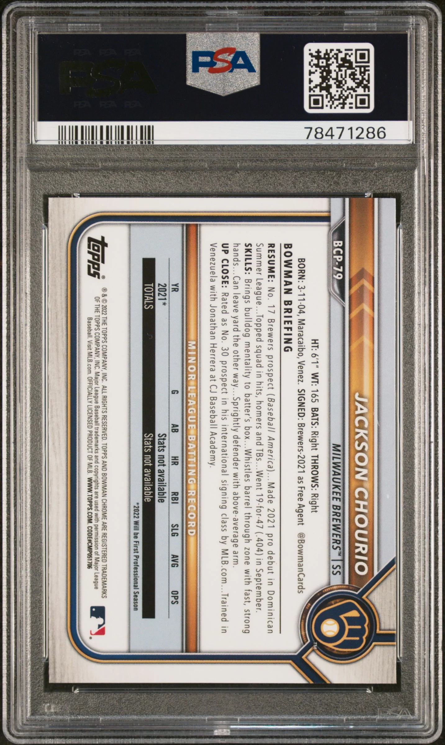 2022 Bowman Chrome Prospect Jackson Chourio #BCP-79 PSA 10 - Image 2