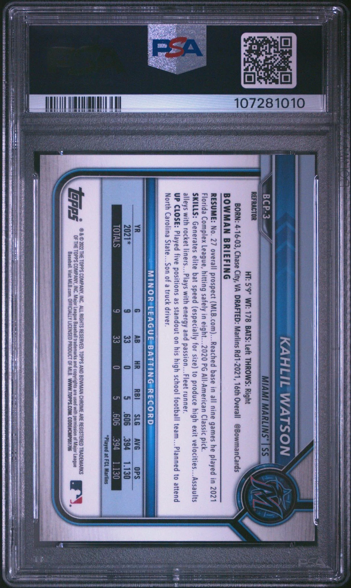 2022 Bowman Chrome Prospect Refractor Kahlil Watson #BCP3 /499 PSA 10 - Image 2
