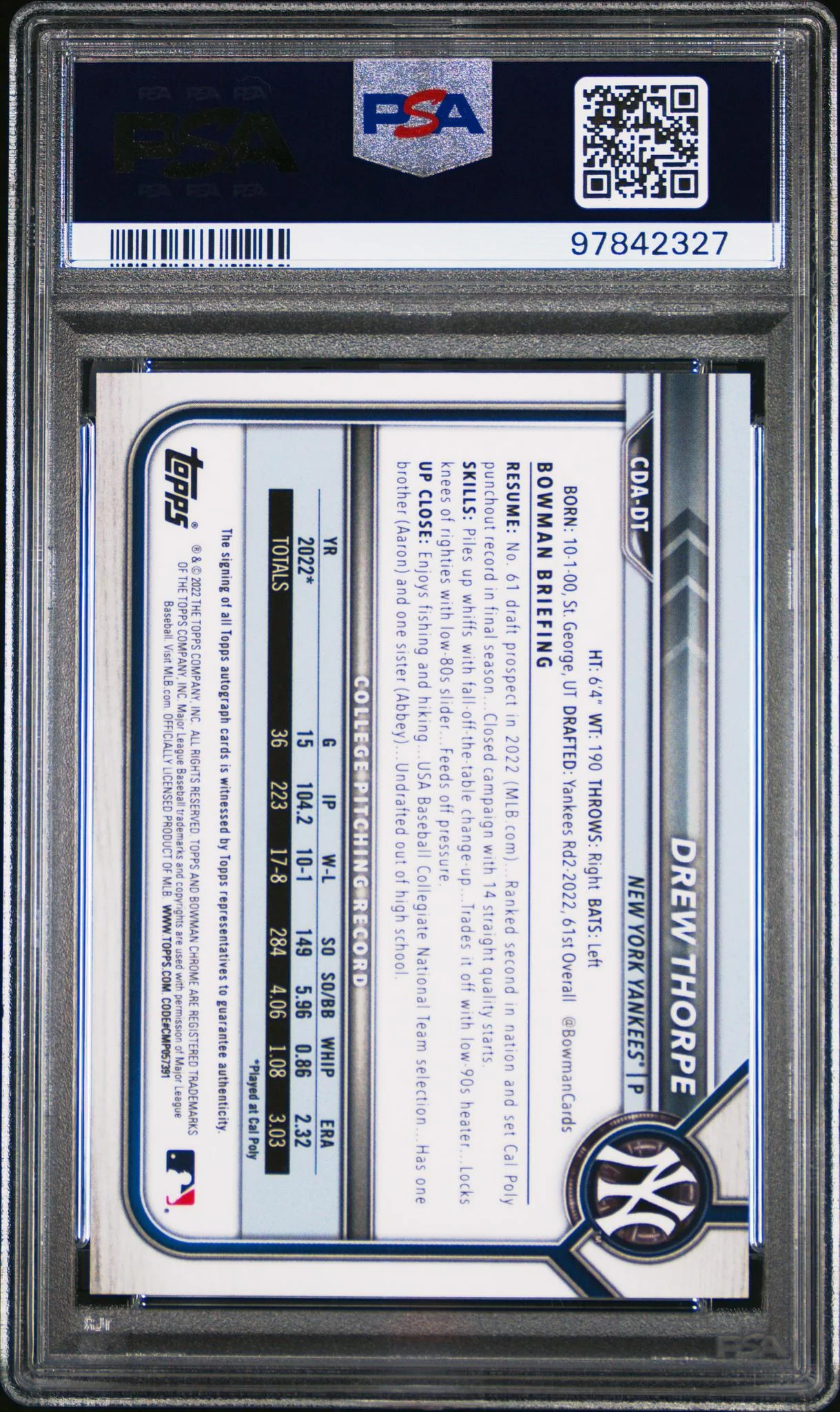 2022 Bowman Draft Chrome Autograph Blue Refractor Drew Thorpe #CDADT /150 PSA 10 - Image 2