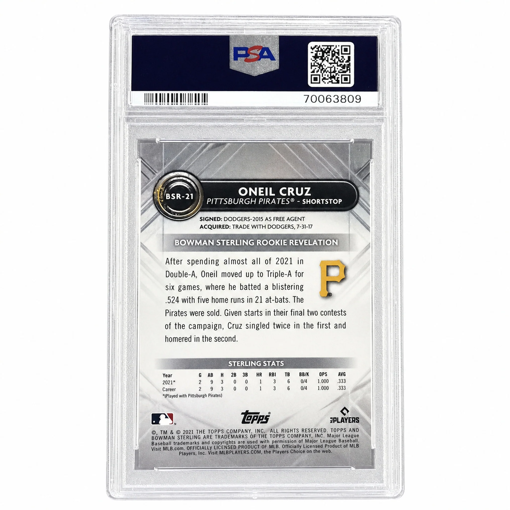 2022 Bowman Sterling Speckle Refractor Oneil Cruz #BSR21 /199 PSA 10 - Image 2