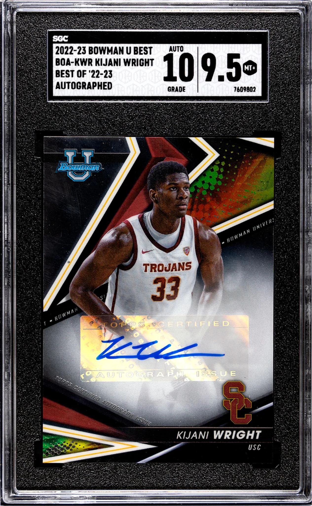 2022 Bowman U Best Autograph Kijani Wright #BOA-KWR SGC 9.5 Auto 10