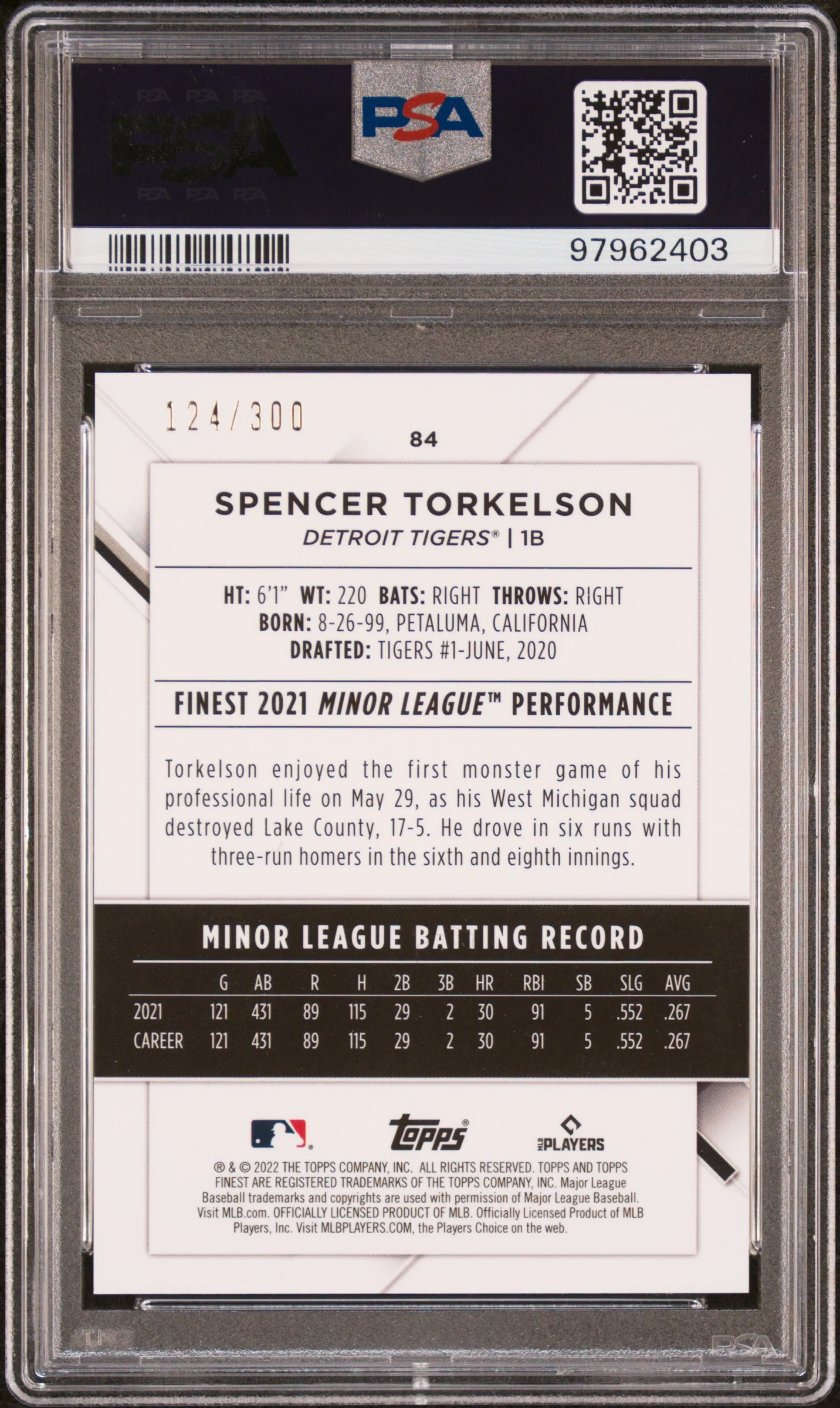 2022 Finest Sky Blue Refractor Spencer Torkelson #84 /300 PSA 9 - Image 2