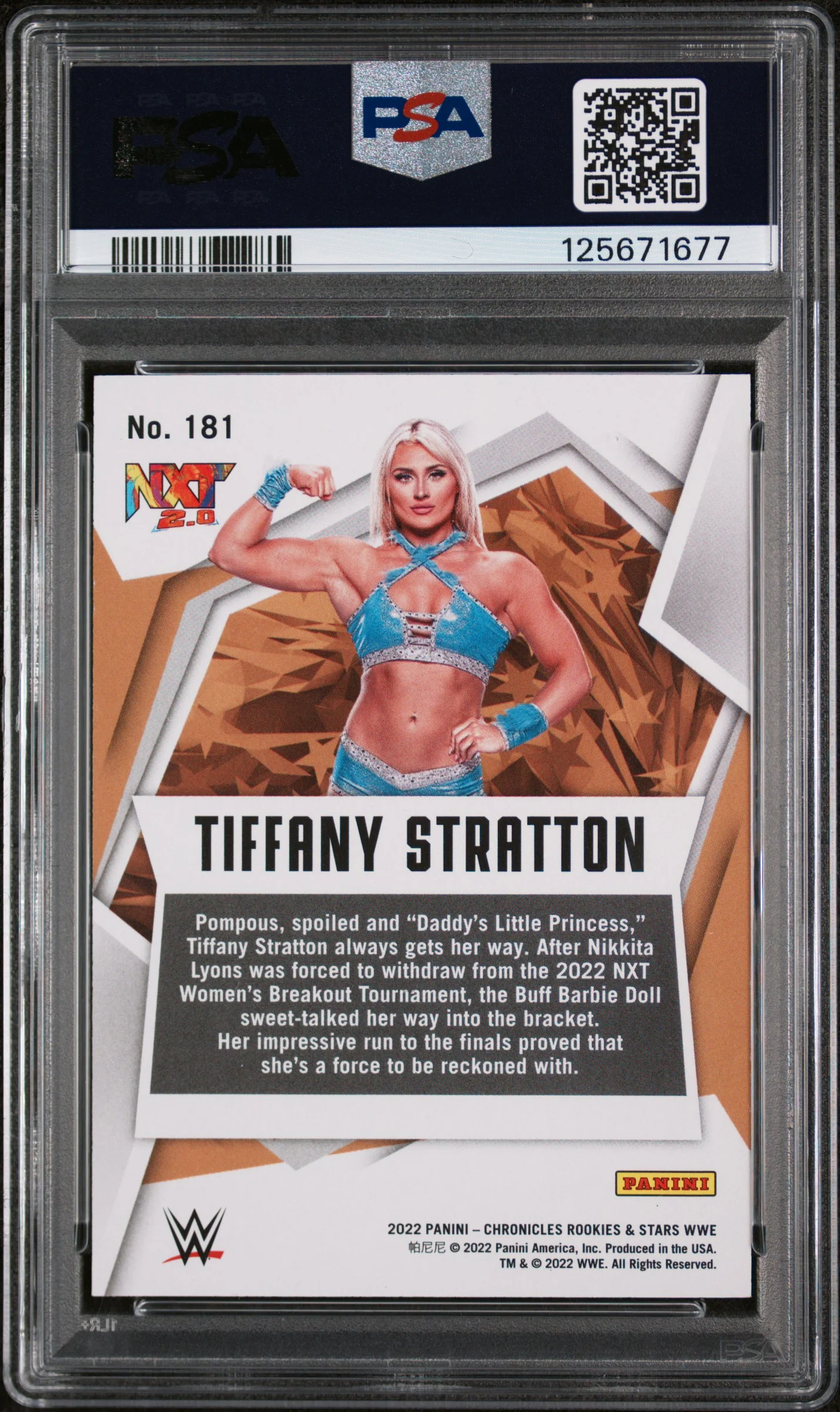 2022 Panini Chronicles WWE Purple Tiffany Stratton #181 /49 PSA 10 - Image 2