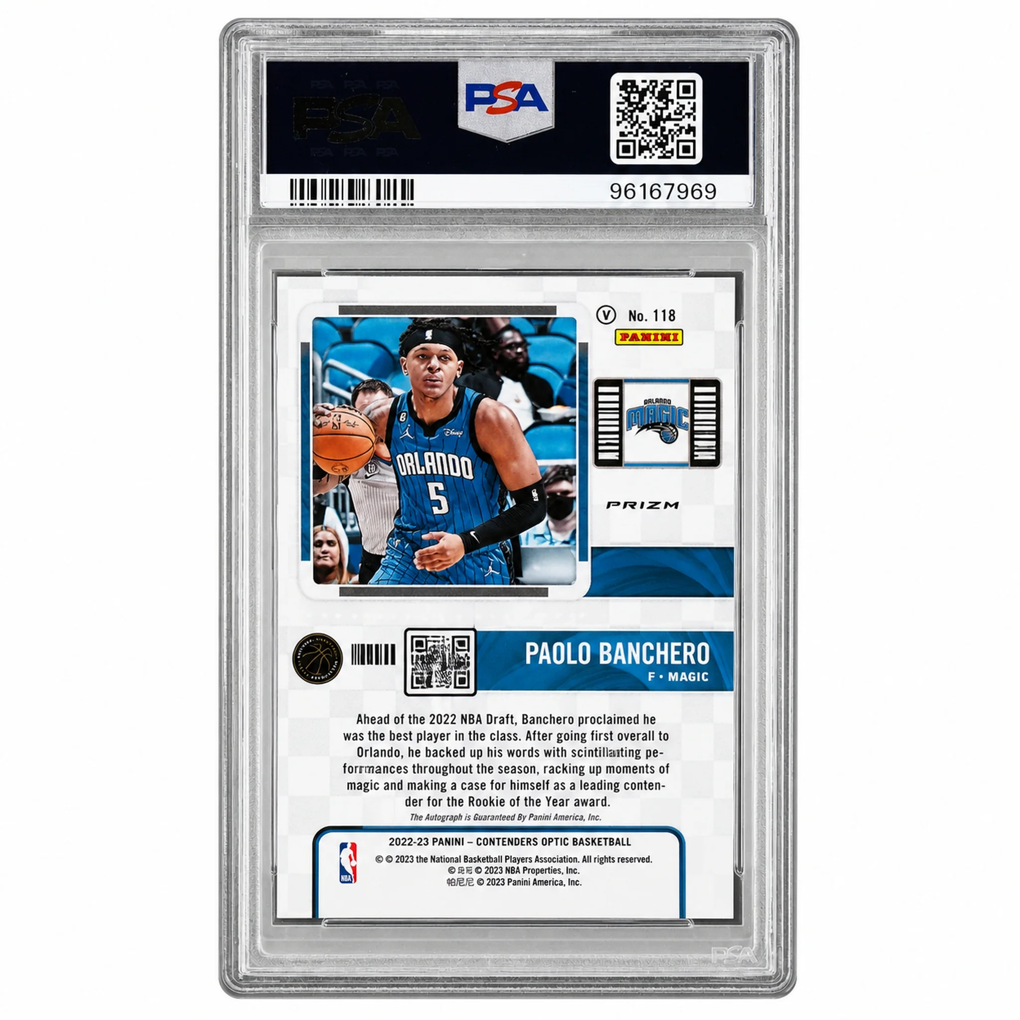 2022 Panini Contenders Optic Horizontal Variation Rookie Ticket Autograph Paolo Banchero #118 PSA 10 - Image 2