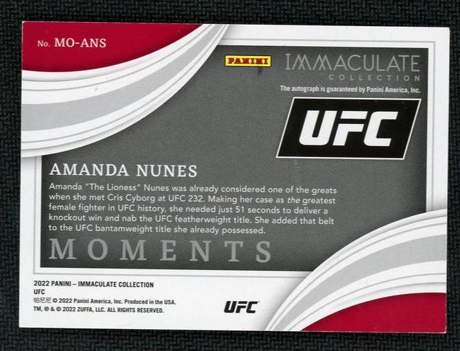 2022 Panini Immaculate MO-ANS Amanda Nunes Moments /99 Auto - Image 2