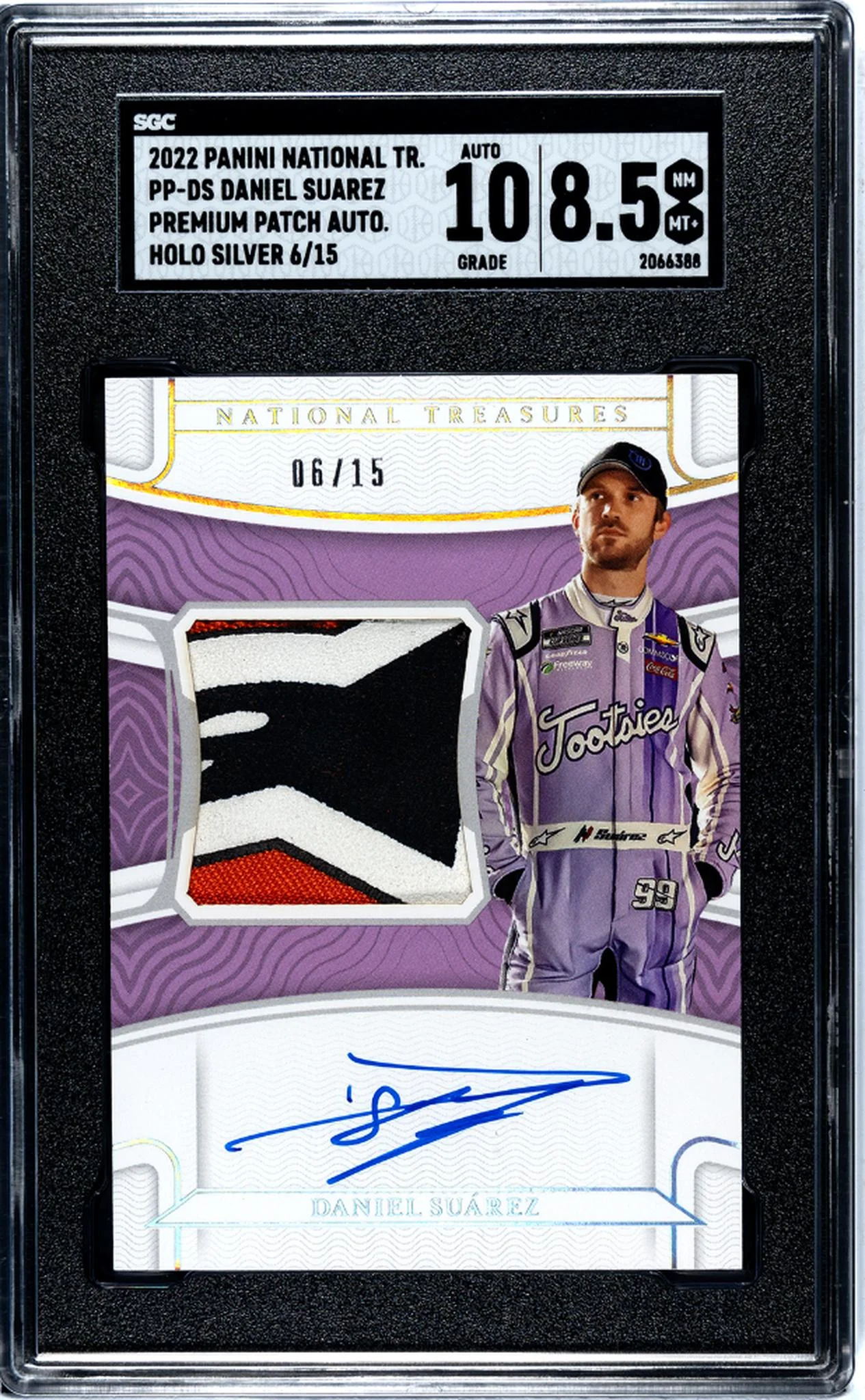 2022 Panini National Treasures #PP-DS Daniel Suarez Premium Patch Auto. Holo Silver 06/15 SGC 8.5