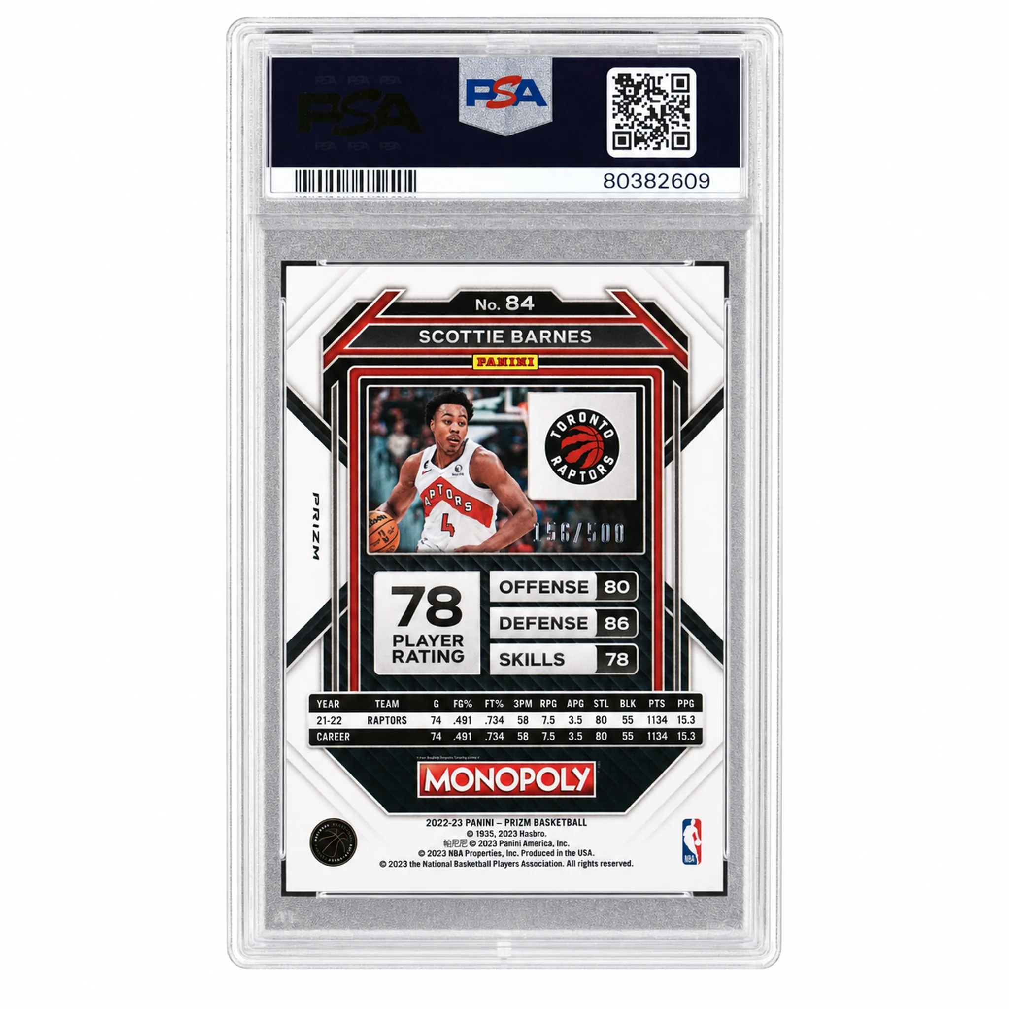 2022 Panini Prizm Monopoly Gold Money Shimmer Scottie Barnes #84 /500 PSA 10 - Image 2