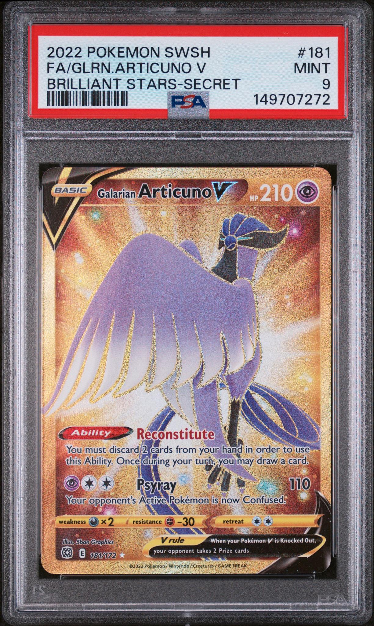 2022 Pokemon Sword and Shield Brilliant Stars Secret Rare Galarian Articuno V #181 PSA 9