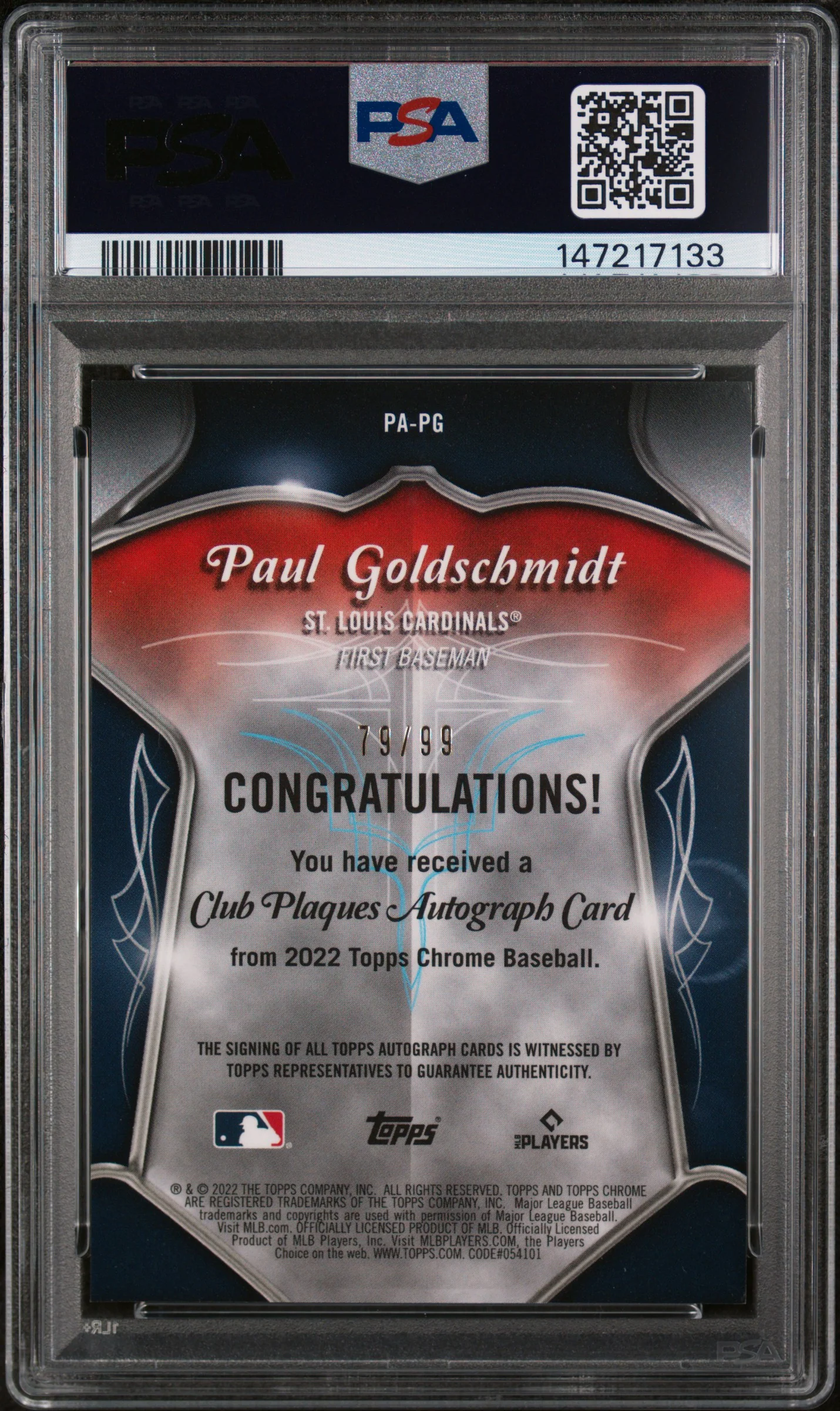 2022 Topps Chrome Pinstriped Autographs Paul Goldschmidt #PAPG /99 PSA 9 - Image 2