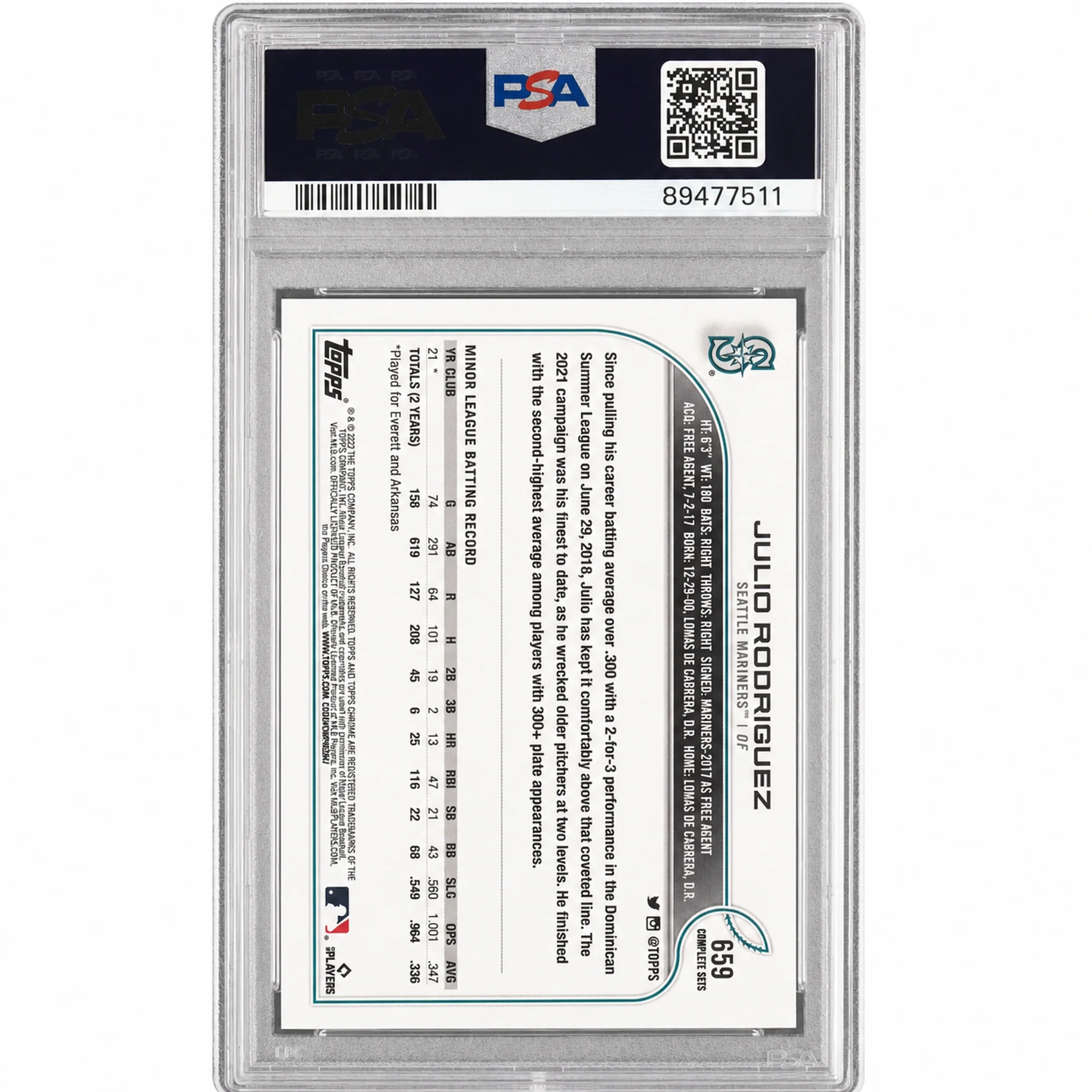 2022 Topps Complete Set Variation Julio Rodriguez #659 PSA 10 - Image 2