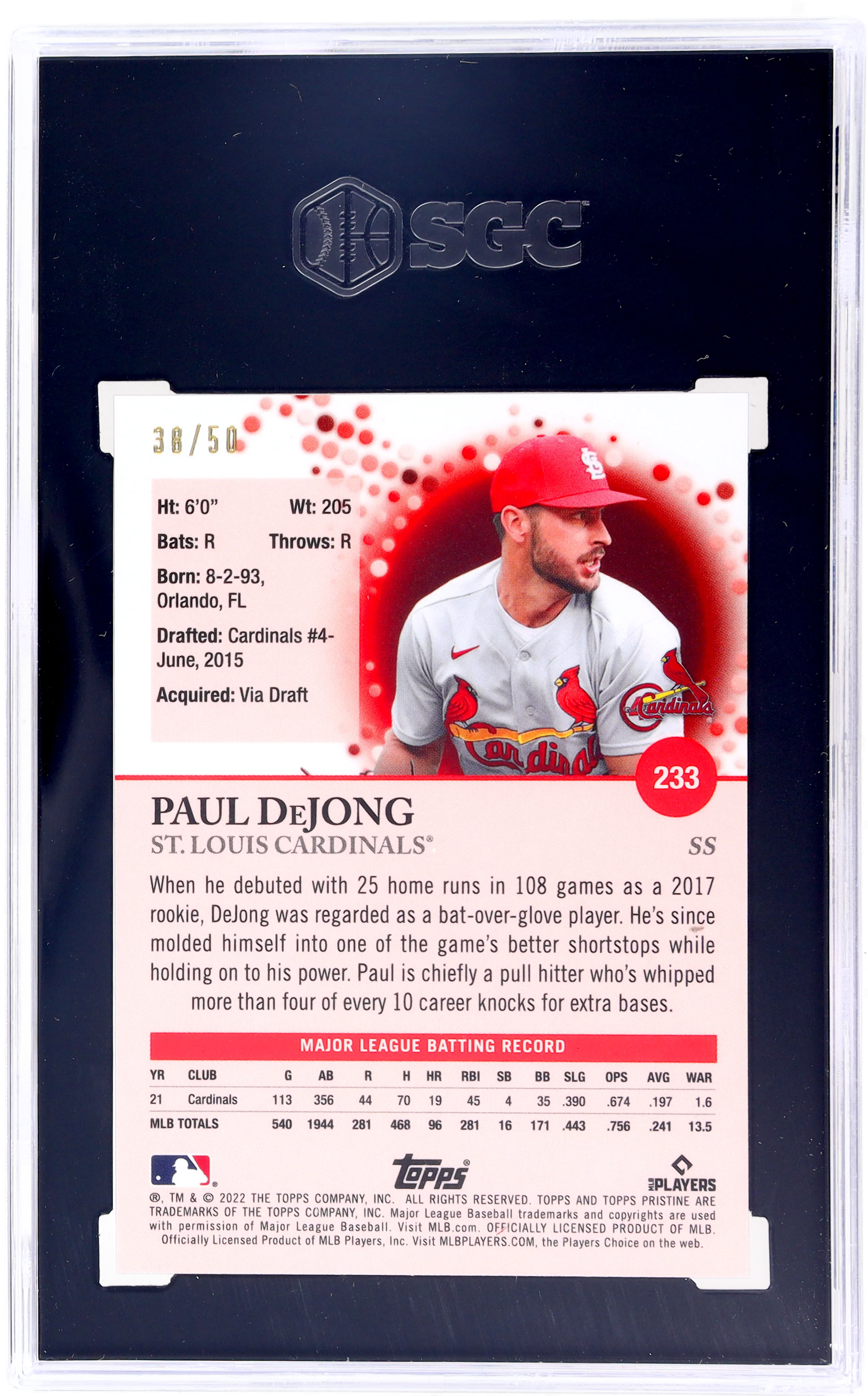 2022 Topps Pristine Paul DeJong #233 Gold Refractor 38/50 SGC 10 - Image 2