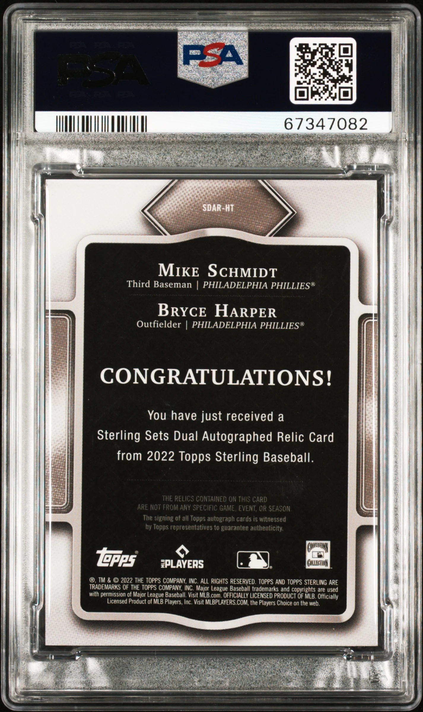 2022 Topps Sterling Sterling Sets Dual Autograph Relics Red Bryce Harper/Mike Schmidt #SDARHT /5 PSA 9 - Image 2