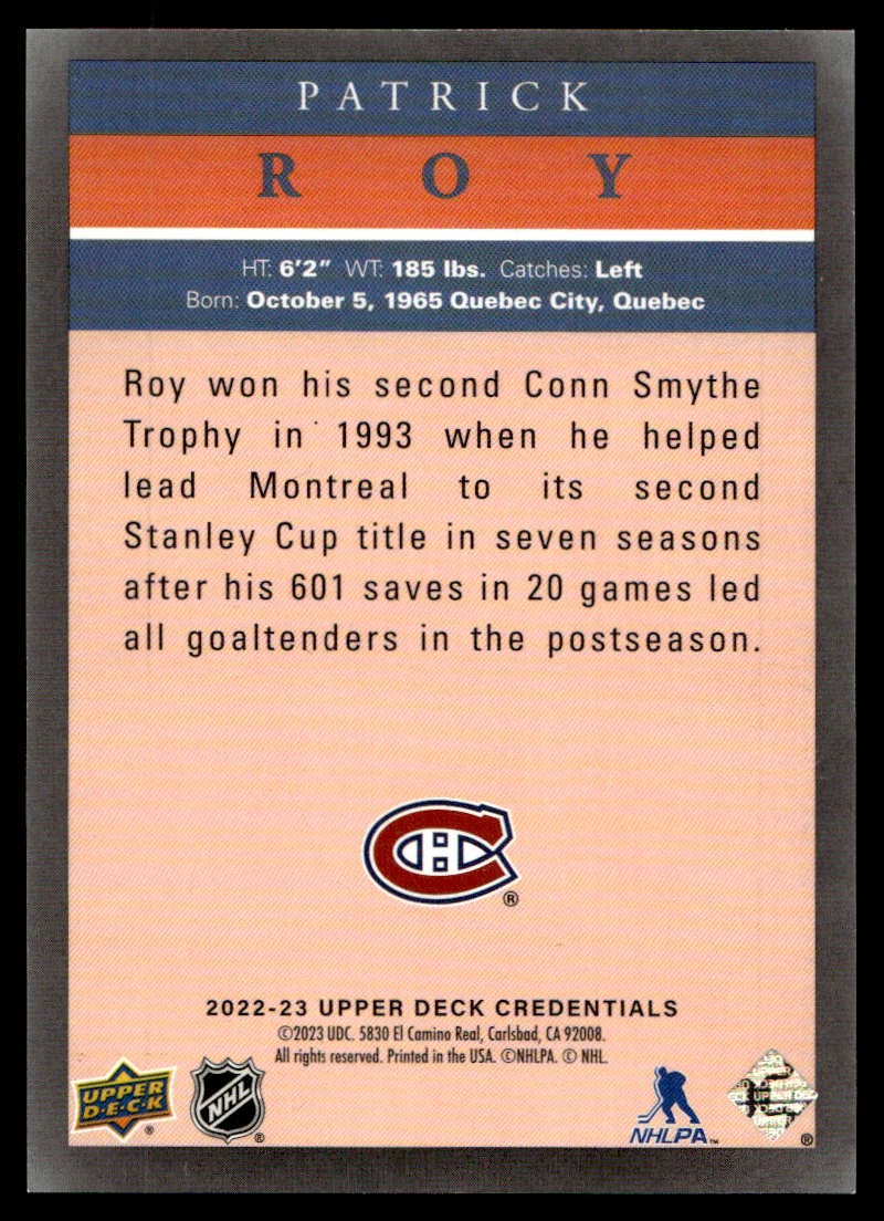 2022 Upper Deck Fleer Patrick Roy Montreal Canadiens - Image 2