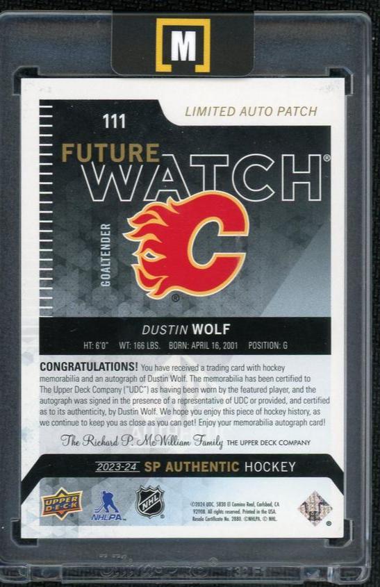2022 Upper Deck SP Authentic 111 Dustin Wolf Future Watch Limited Auto Patch /100 Calgary Flames - Image 2
