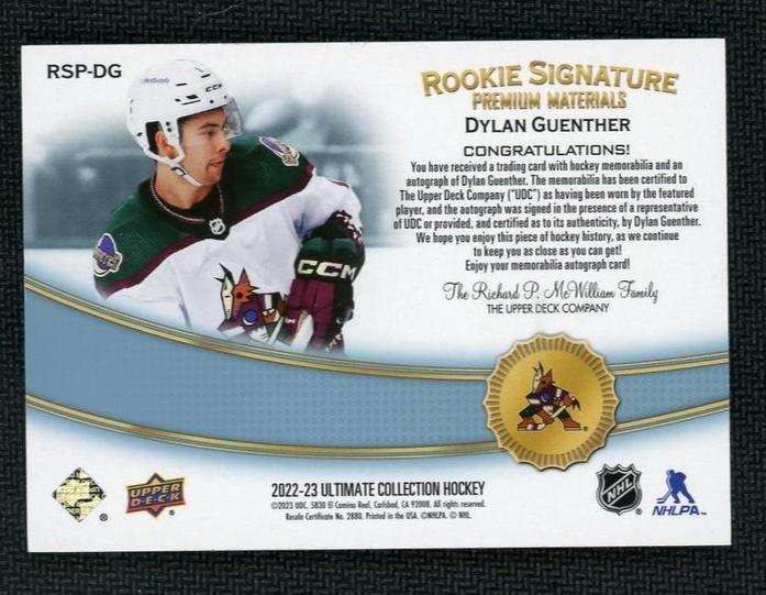 2022 Upper Deck Ultimate Collection RSP-DG Dylan Guenther Rookie Signature Premium Materials Rookie /35 Coyotes Auto - Image 2