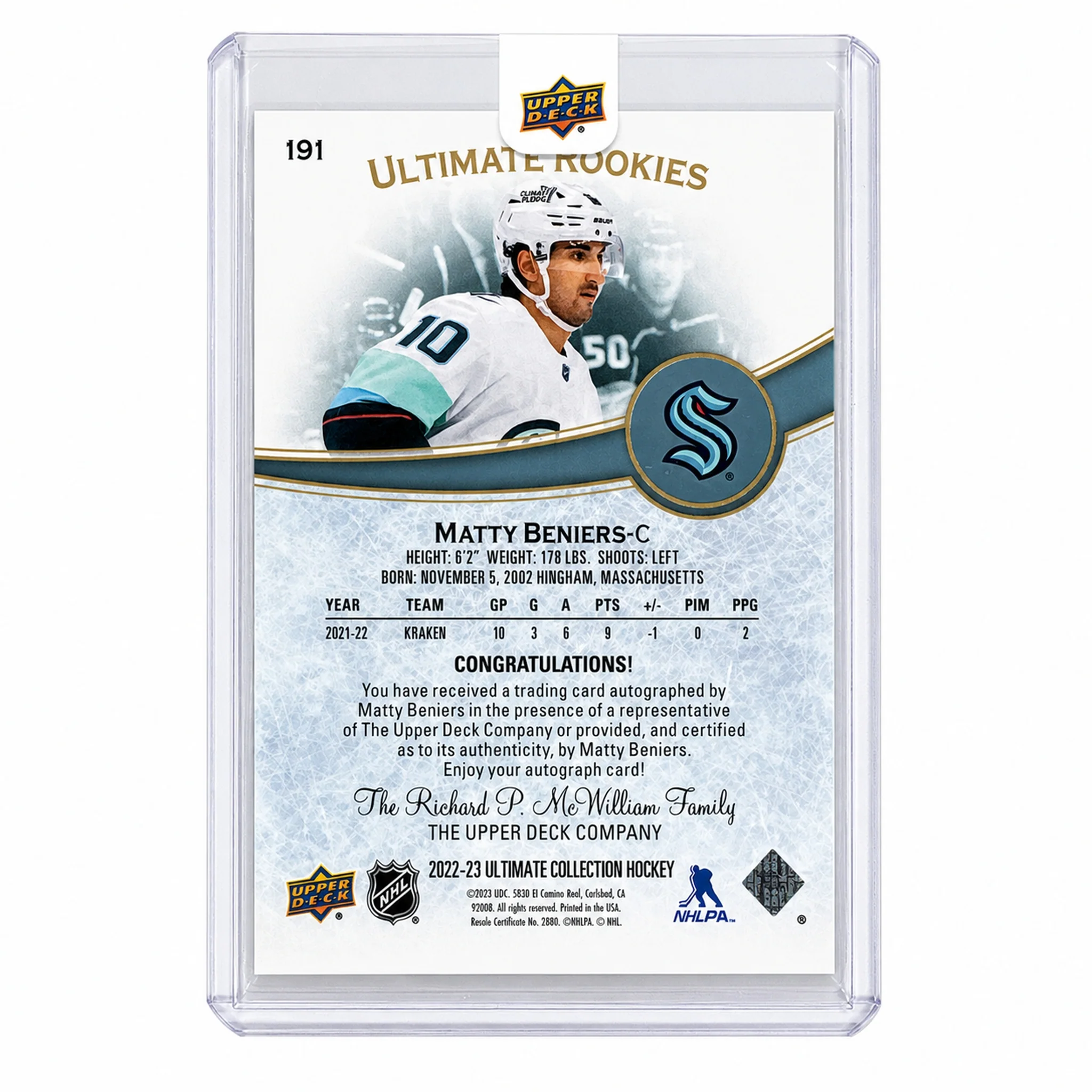 2022 Upper Deck Ultimate Rookies Matty Beniers Auto /99 #191 - Image 2