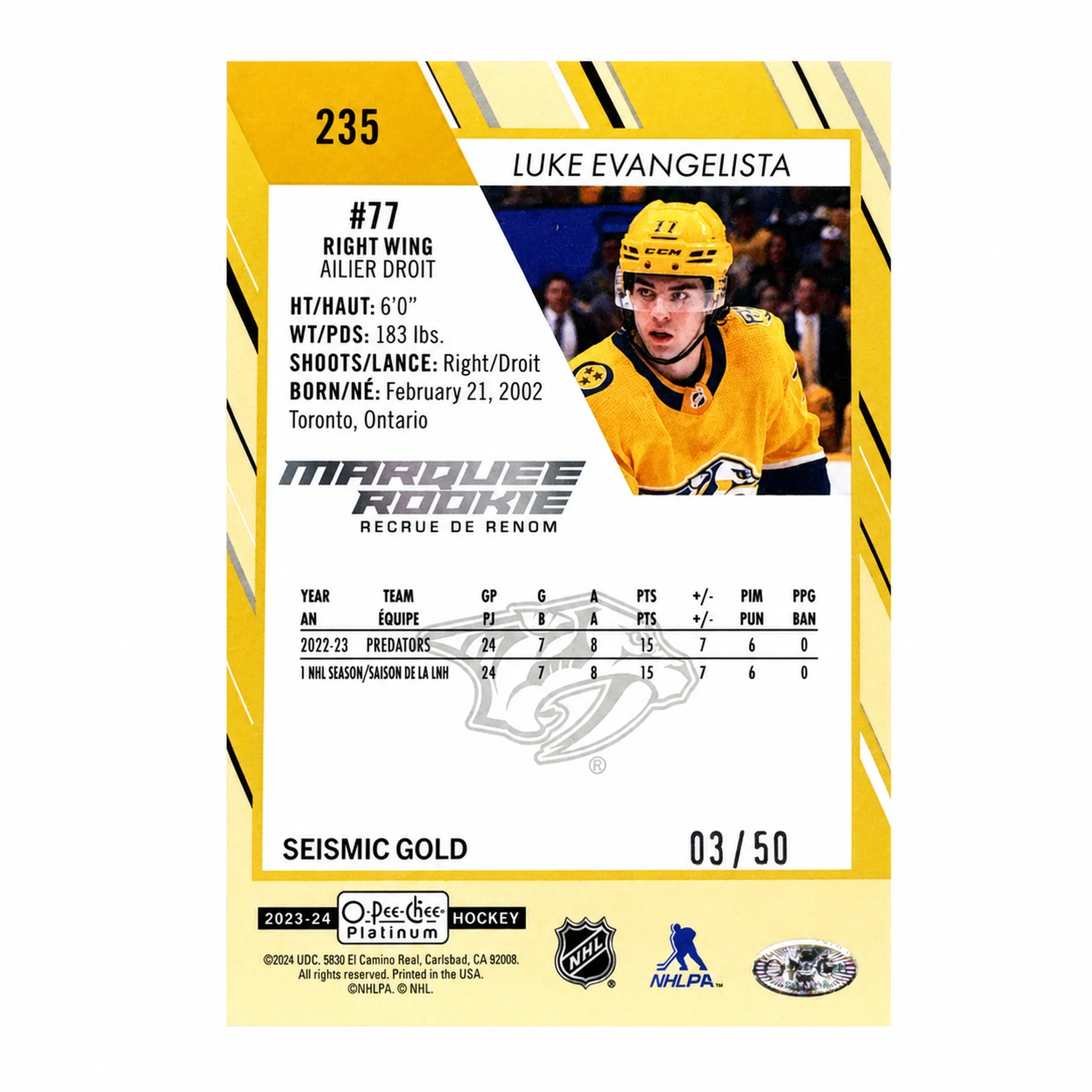 2023-24 O-Pee-Chee Platinum Luke Evangelista #235 Seismic Gold /50 Rookie RC - Image 2