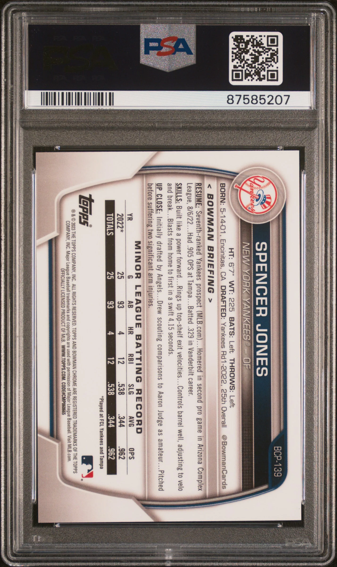 2023 Bowman Chrome Prospect Yellow Refractor Spencer Jones #BCP139 /75 PSA 10 - Image 2