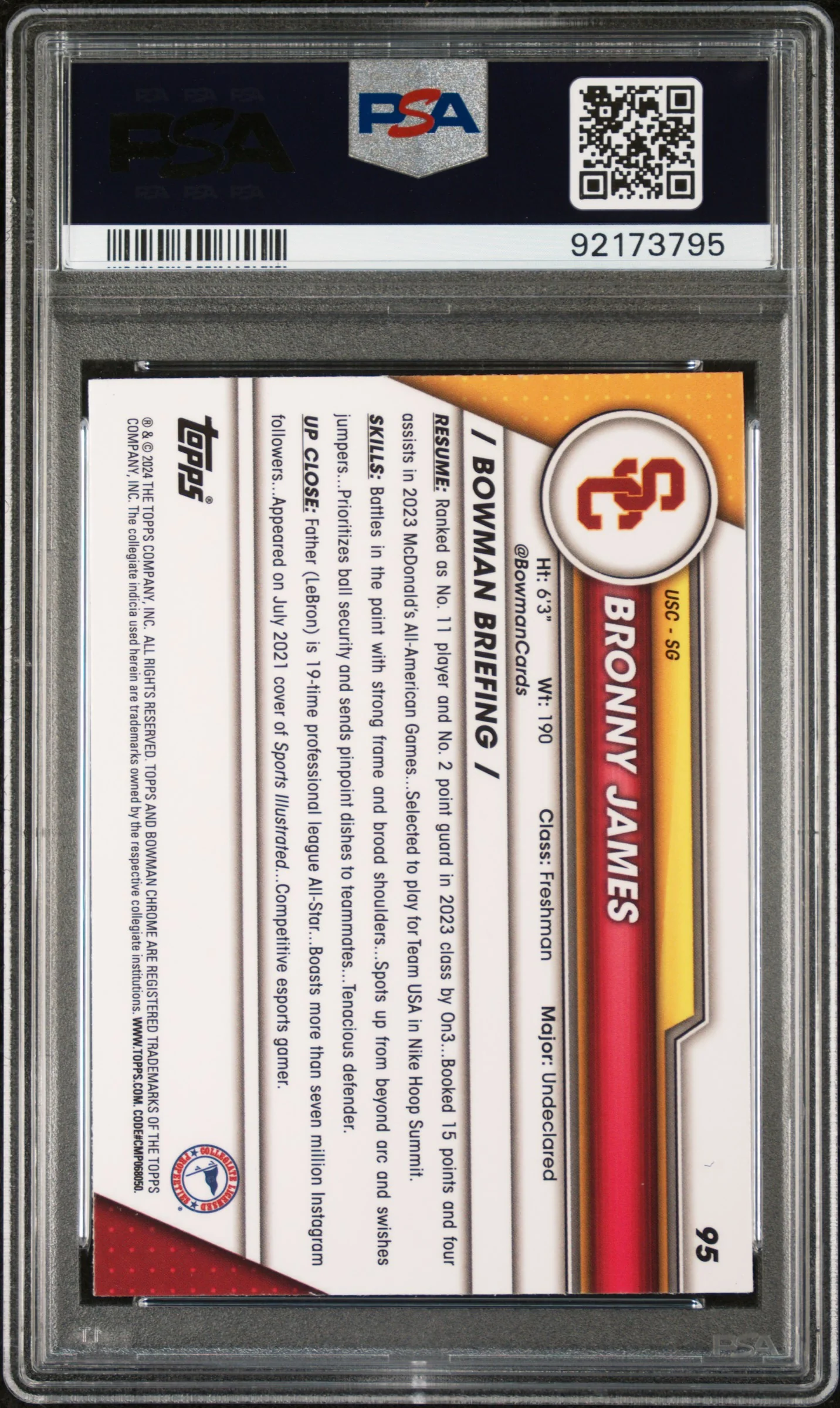 2023 Bowman Chrome University Sapphire Bronny James Jr. #95 PSA 10 - Image 2