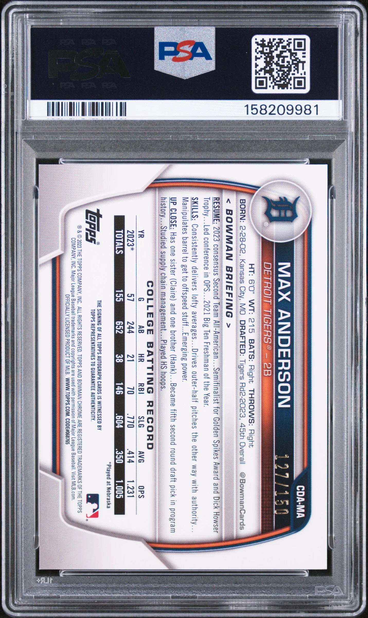 2023 Bowman Draft Chrome Prospect Autograph Hta Choice Max Anderson #CDAMA /150 PSA 9 - Image 2