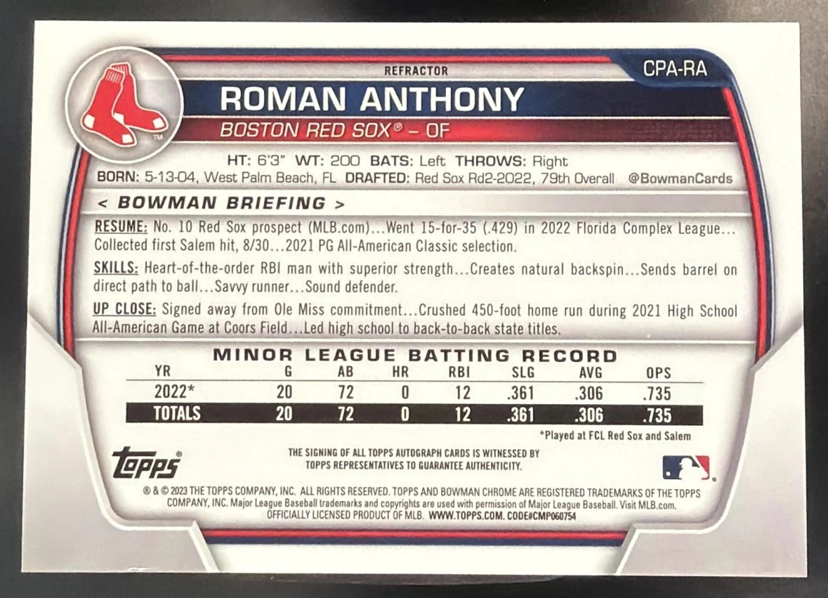 2023 Bowman Roman Anthony #CPA-RA Chrome Auto Refractor /499 1st Prospect - Image 2