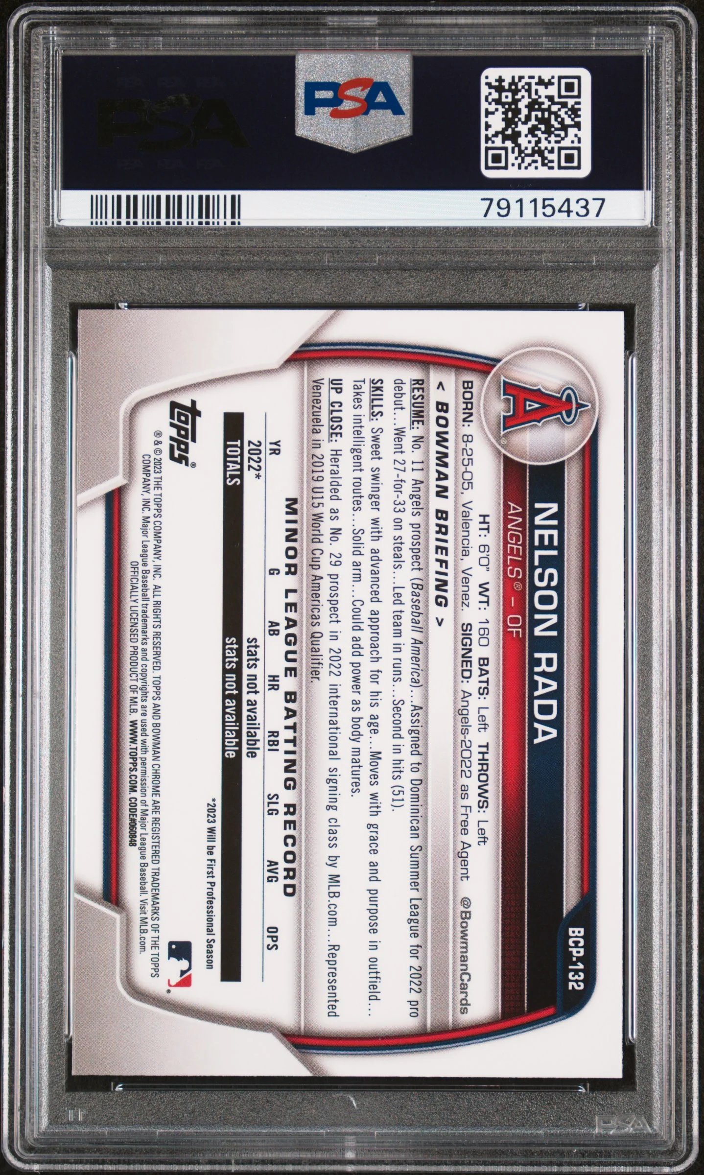 2023 Bowman Sapphire Chrome Prospect Nelson Rada #BCP132 PSA 10 - Image 2