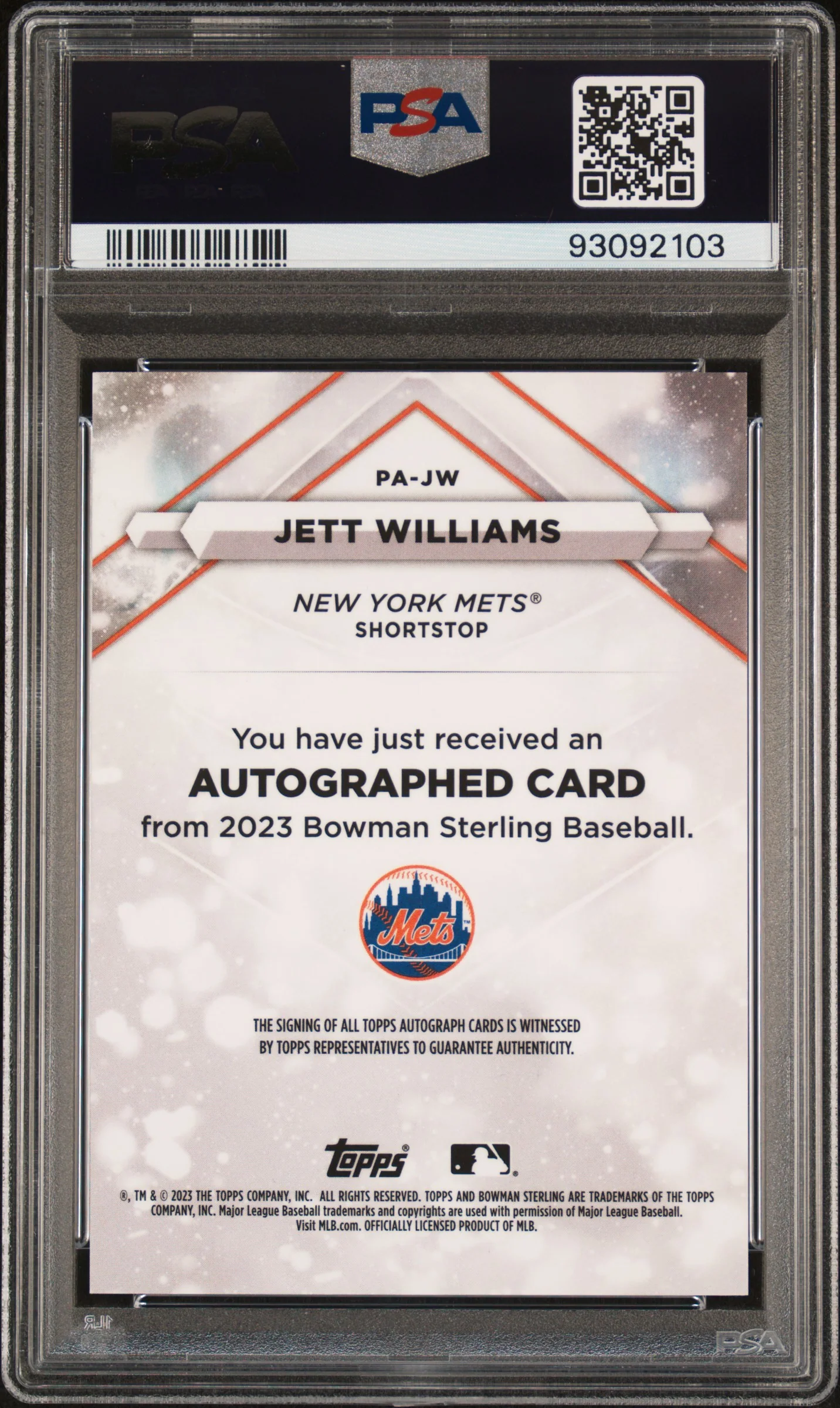 2023 Bowman Sterling Prospect Autographs Wave Refractor Jett Williams #PAJW /125 PSA 10 - Image 2