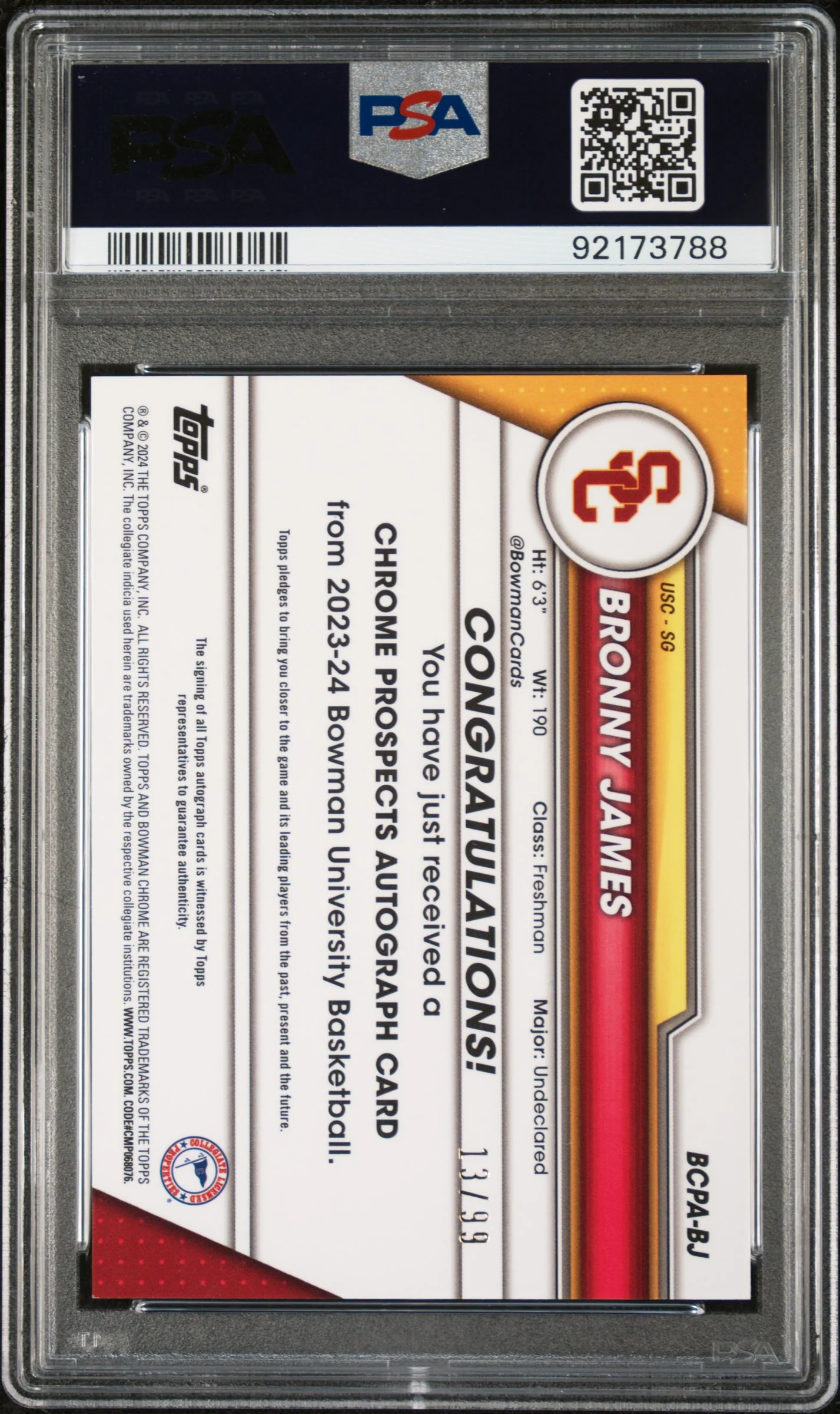 2023 Bowman University Chrome Bowman Chrome Prospects Autographs Green Bronny James Jr. #BJ /99 PSA 9 - Image 2