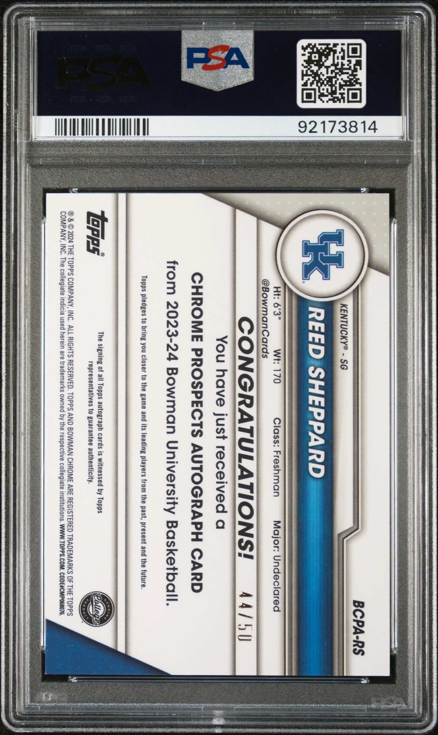 2023 Bowman University Chrome Bowman Chrome Prospects Autographs Prospects Autograph-Gold Reed Sheppard #RS /50 PSA 9 - Image 2