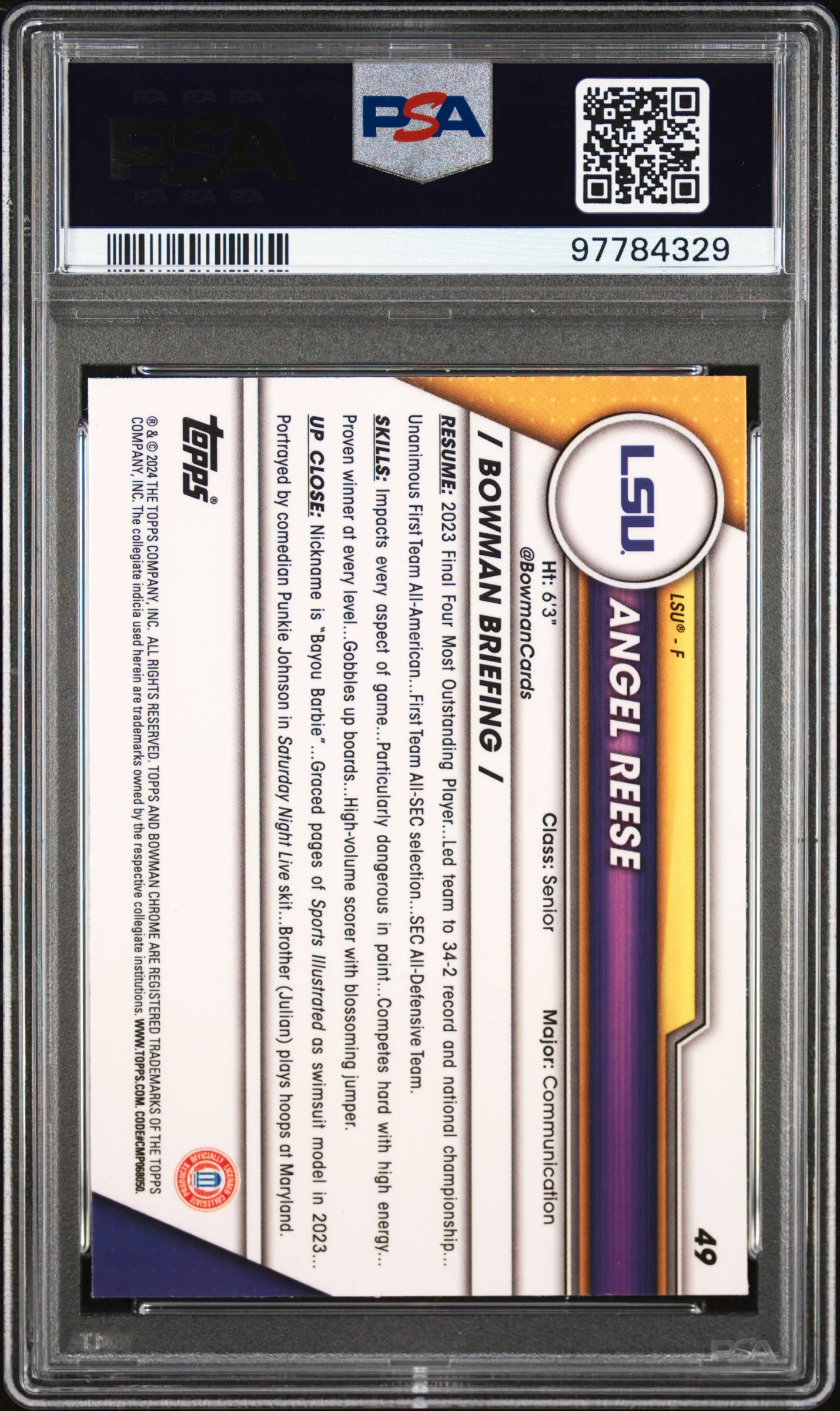 2023 Bowman University Chrome Sapphire Angel Reese #49 PSA 10 - Image 2