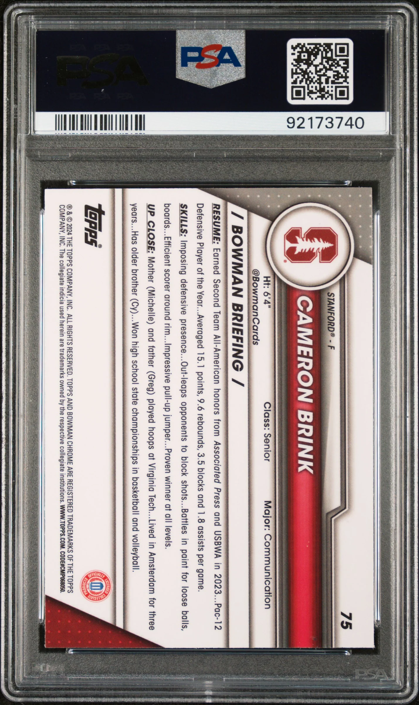 2023 Bowman University Chrome Sapphire Cameron Brink #75 PSA 10 - Image 2
