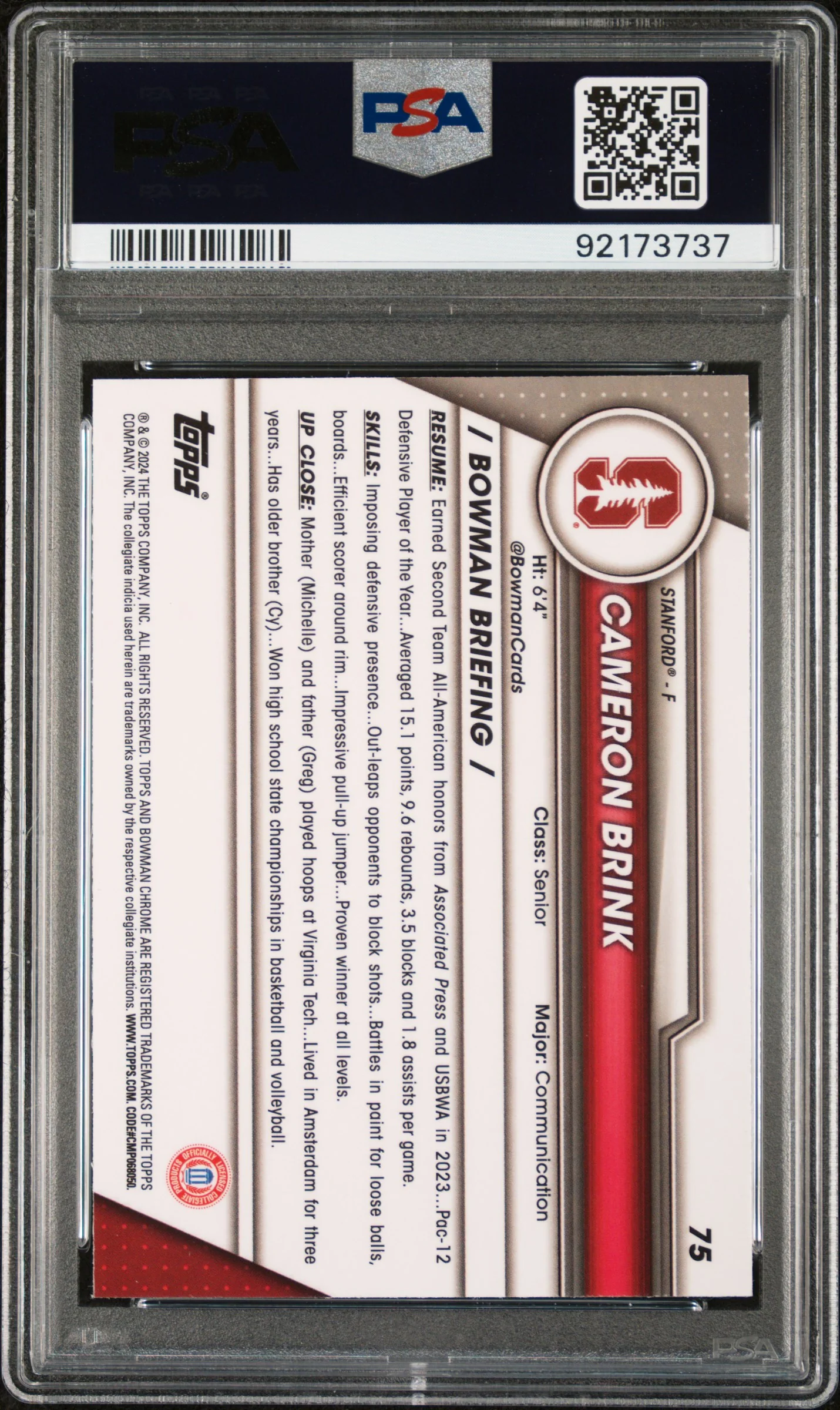2023 Bowman University Chrome Sapphire Cameron Brink #75 PSA 10 - Image 2
